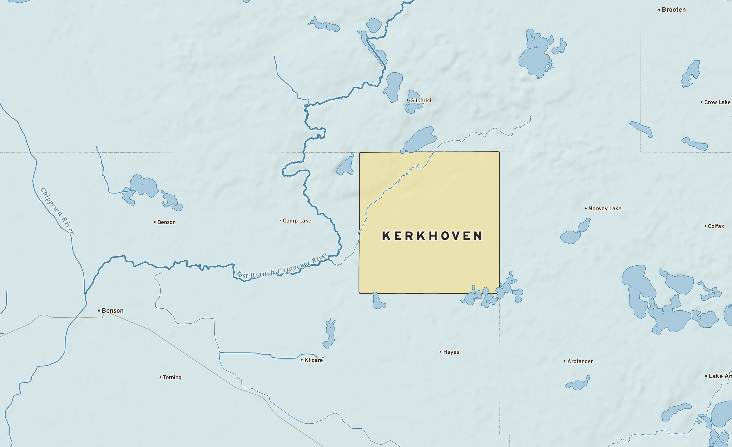 Shaded-relief atlas plate of Kerkhoven, Minnesota: rivers, roads, the city limits and where the water drains.