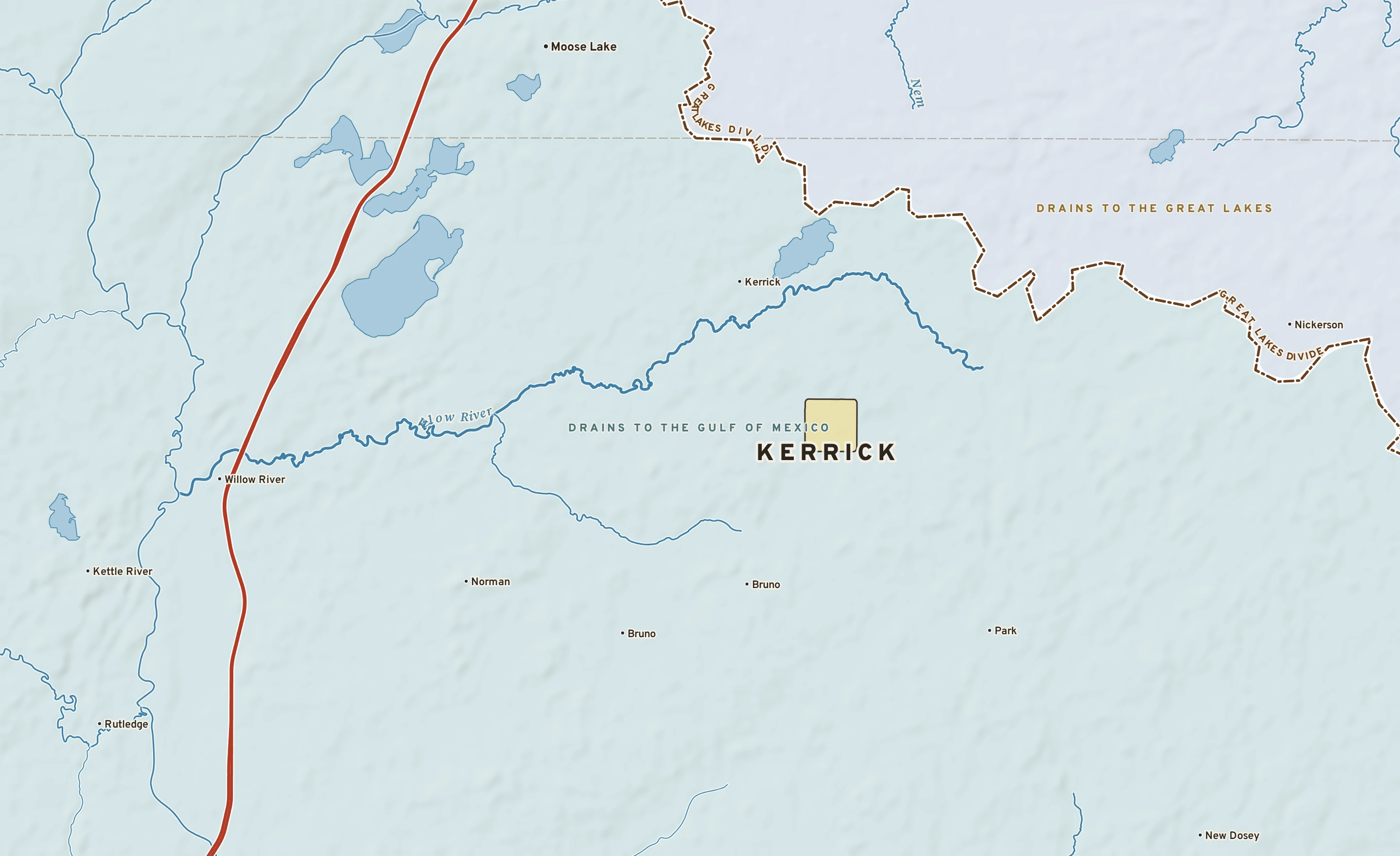 Shaded-relief atlas plate of Kerrick, Minnesota: rivers, roads, the city limits and where the water drains.