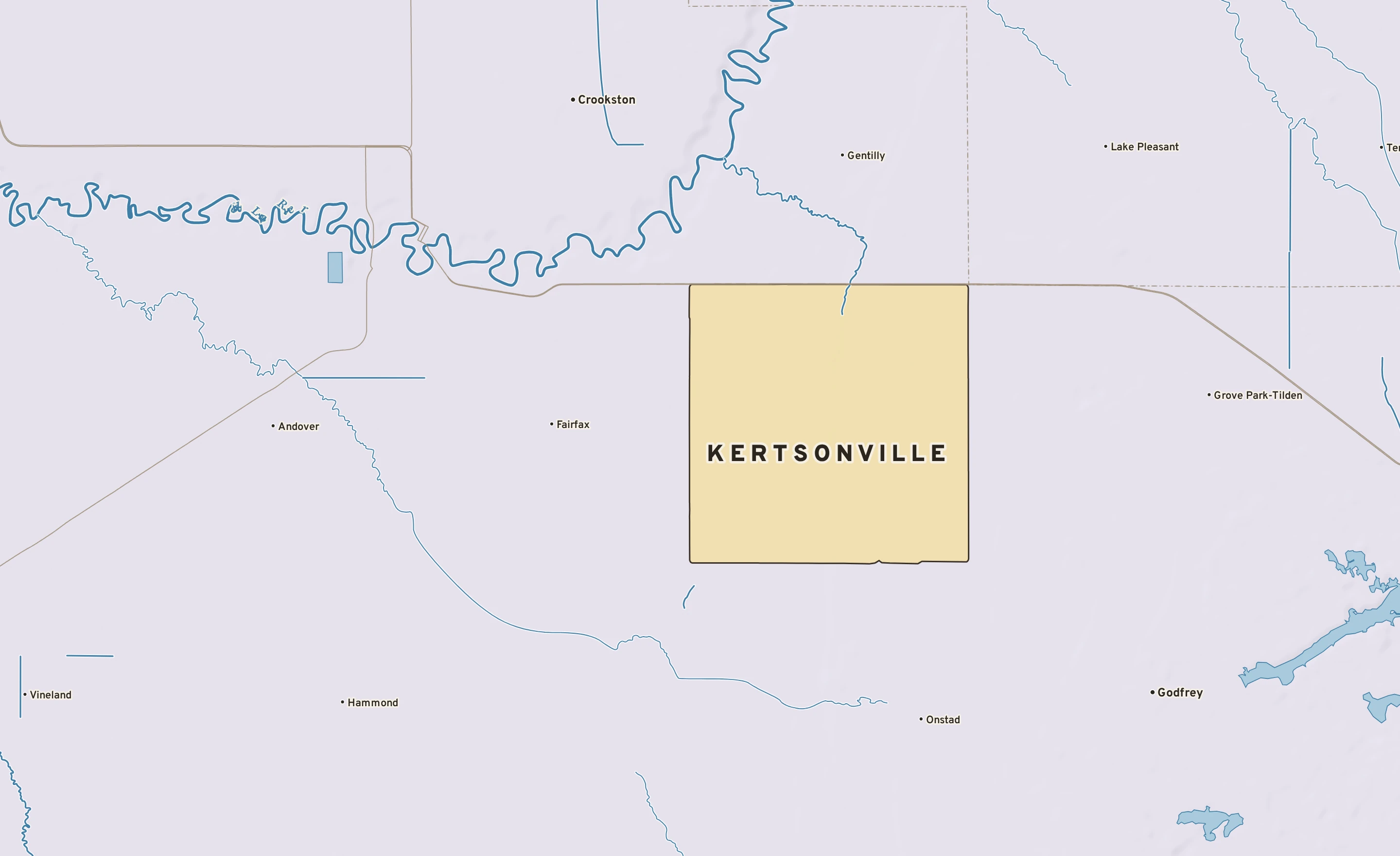 Shaded-relief atlas plate of Kertsonville, Minnesota: rivers, roads, the city limits and where the water drains.