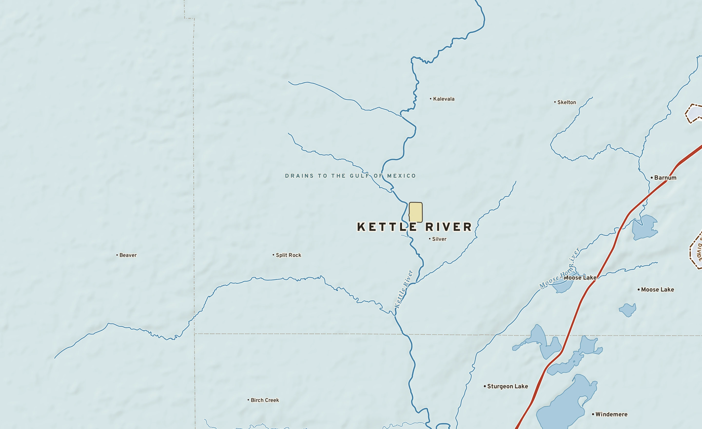 Shaded-relief atlas plate of Kettle River, Minnesota: rivers, roads, the city limits and where the water drains.