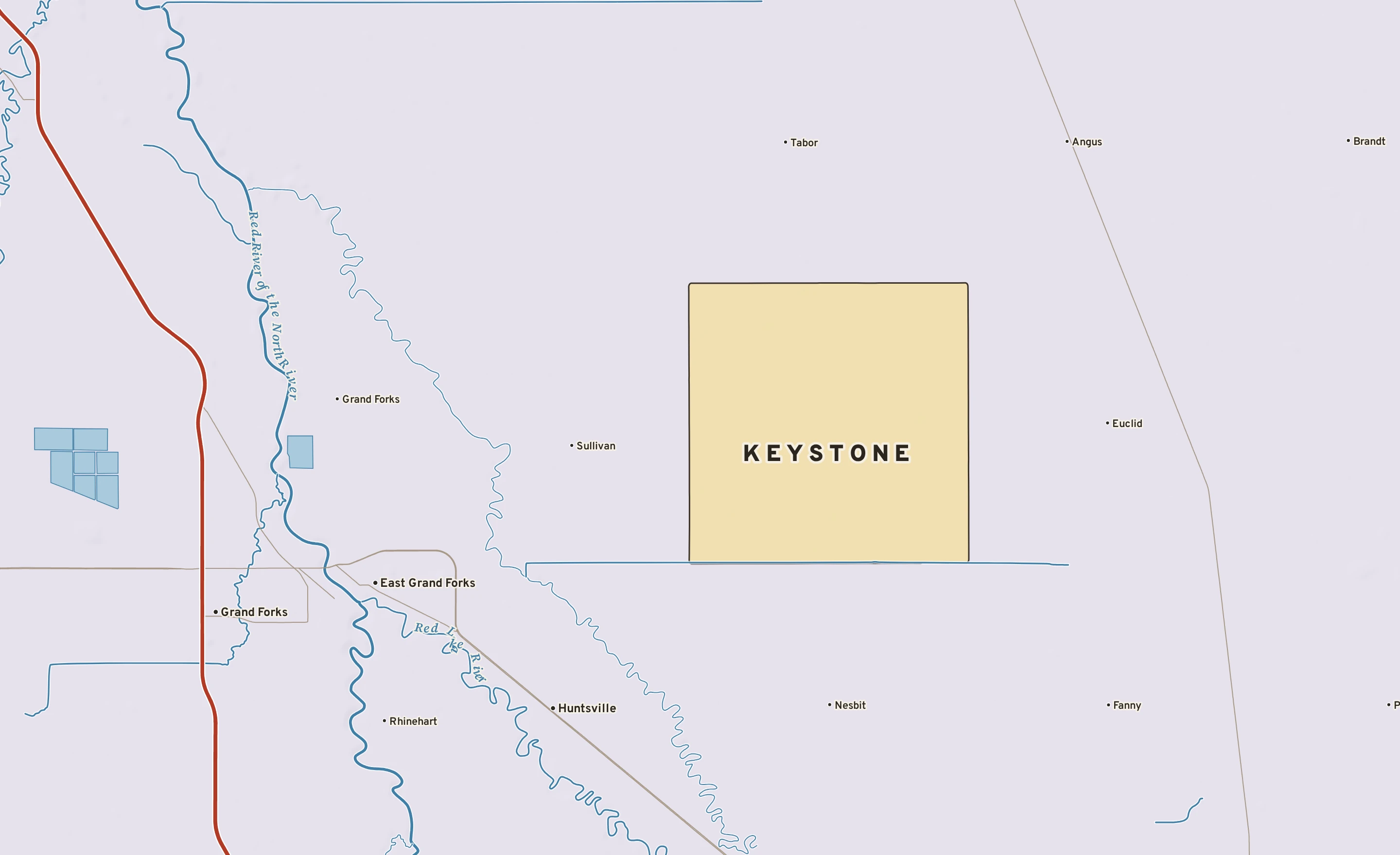 Shaded-relief atlas plate of Keystone, Minnesota: rivers, roads, the city limits and where the water drains.