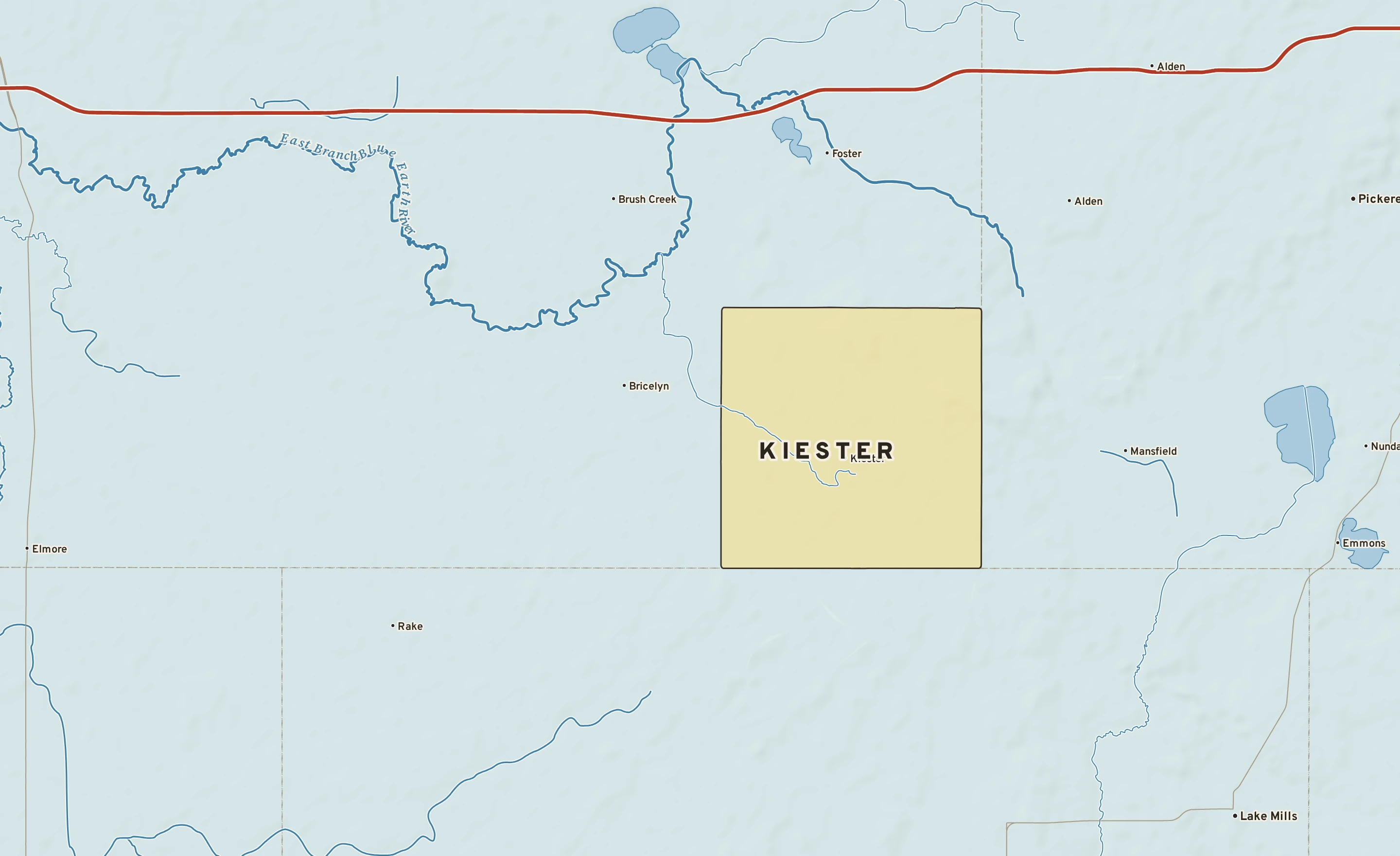 Shaded-relief atlas plate of Kiester, Minnesota: rivers, roads, the city limits and where the water drains.