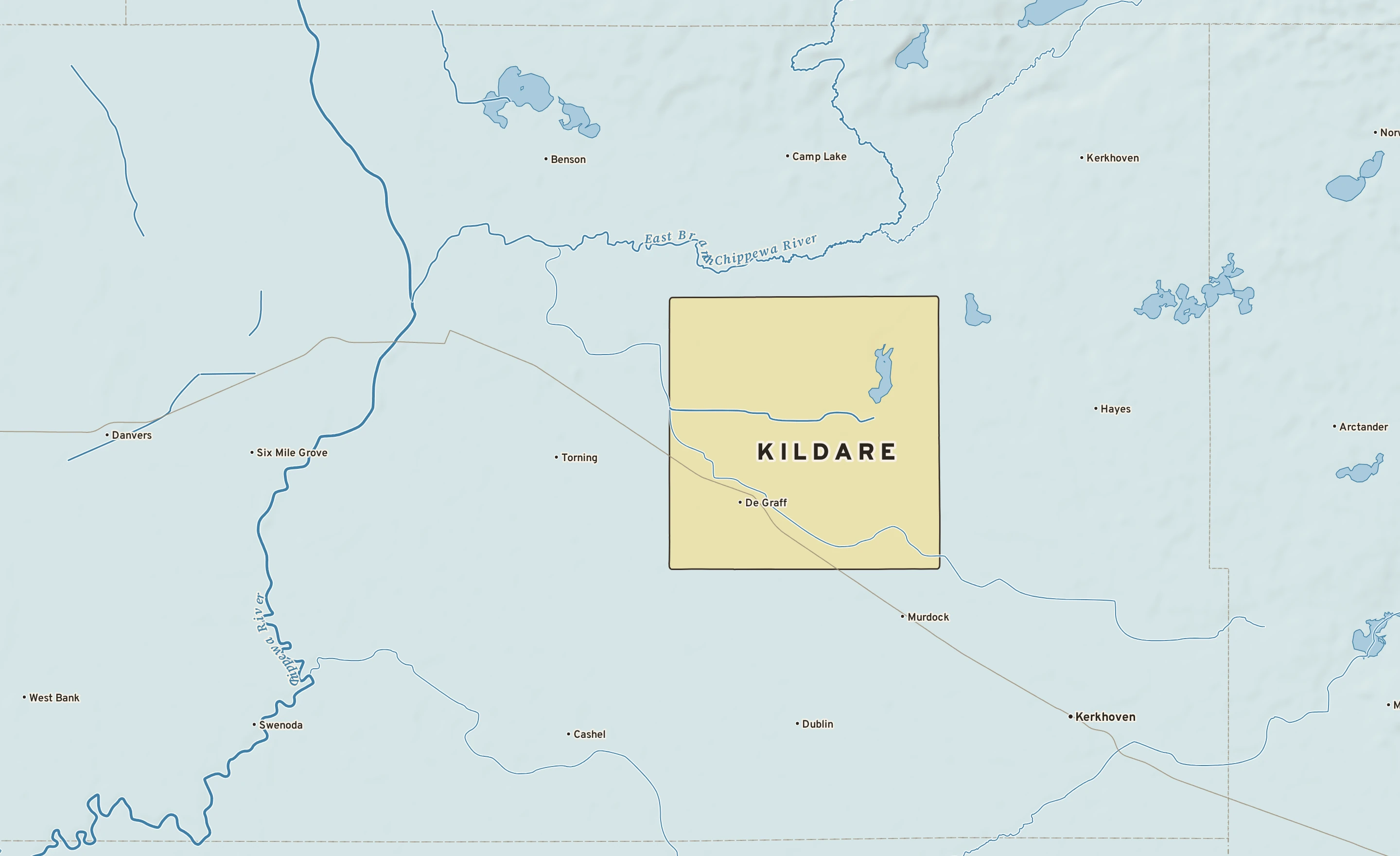 Shaded-relief atlas plate of Kildare, Minnesota: rivers, roads, the city limits and where the water drains.