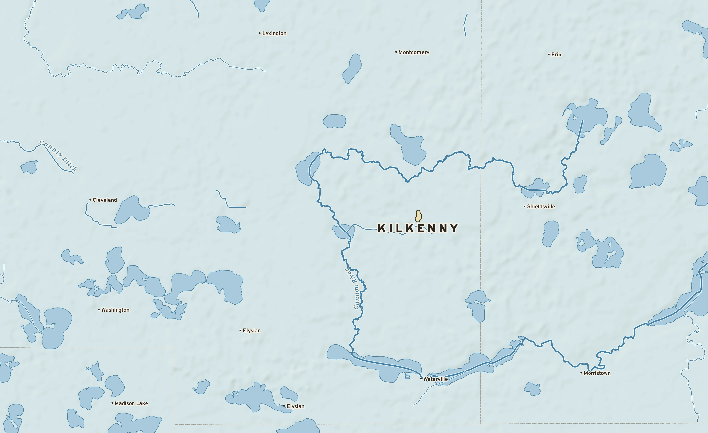 Shaded-relief atlas plate of Kilkenny, Minnesota: rivers, roads, the city limits and where the water drains.
