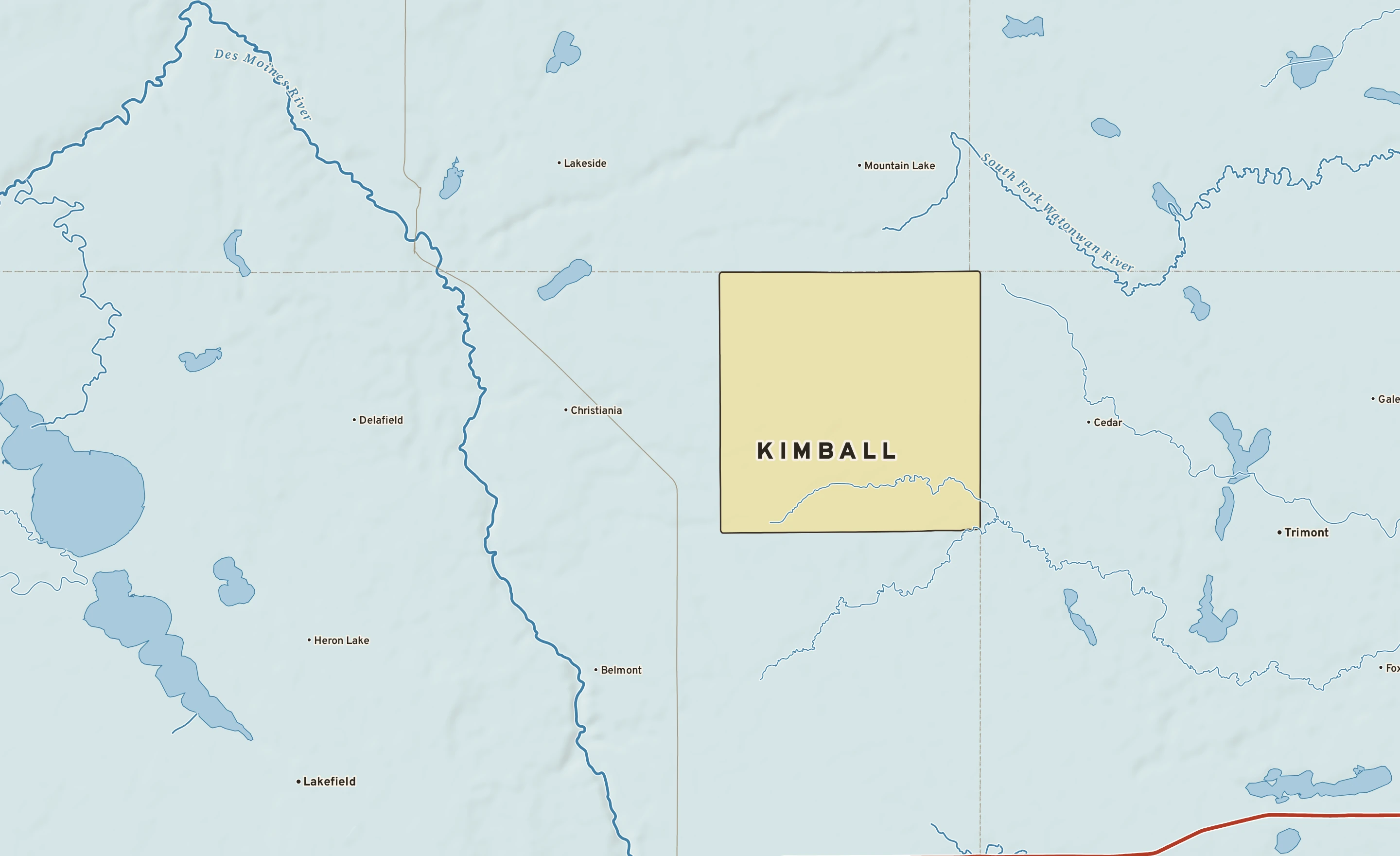 Shaded-relief atlas plate of Kimball, Minnesota: rivers, roads, the city limits and where the water drains.
