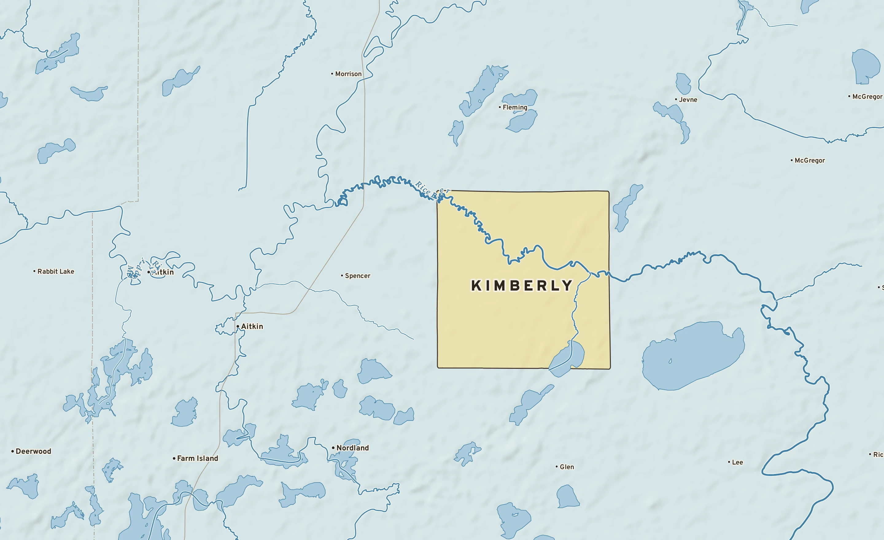 Shaded-relief atlas plate of Kimberly, Minnesota: rivers, roads, the city limits and where the water drains.