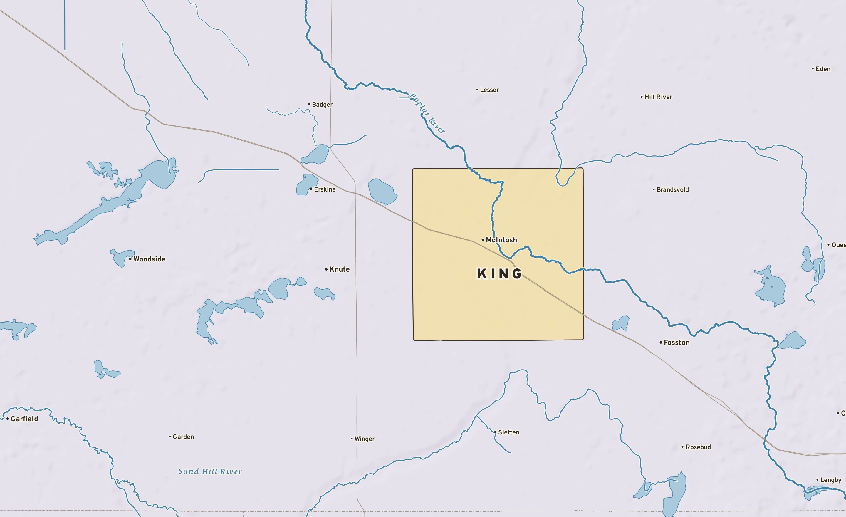 Shaded-relief atlas plate of King, Minnesota: rivers, roads, the city limits and where the water drains.
