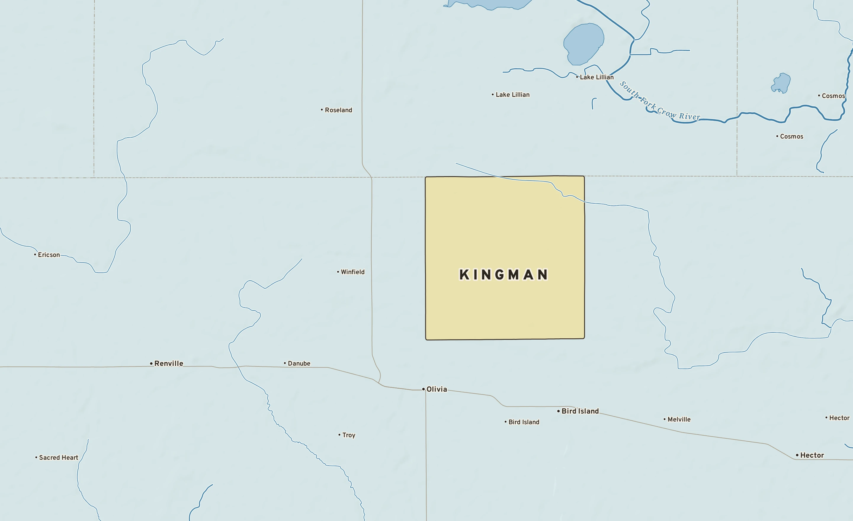 Shaded-relief atlas plate of Kingman, Minnesota: rivers, roads, the city limits and where the water drains.