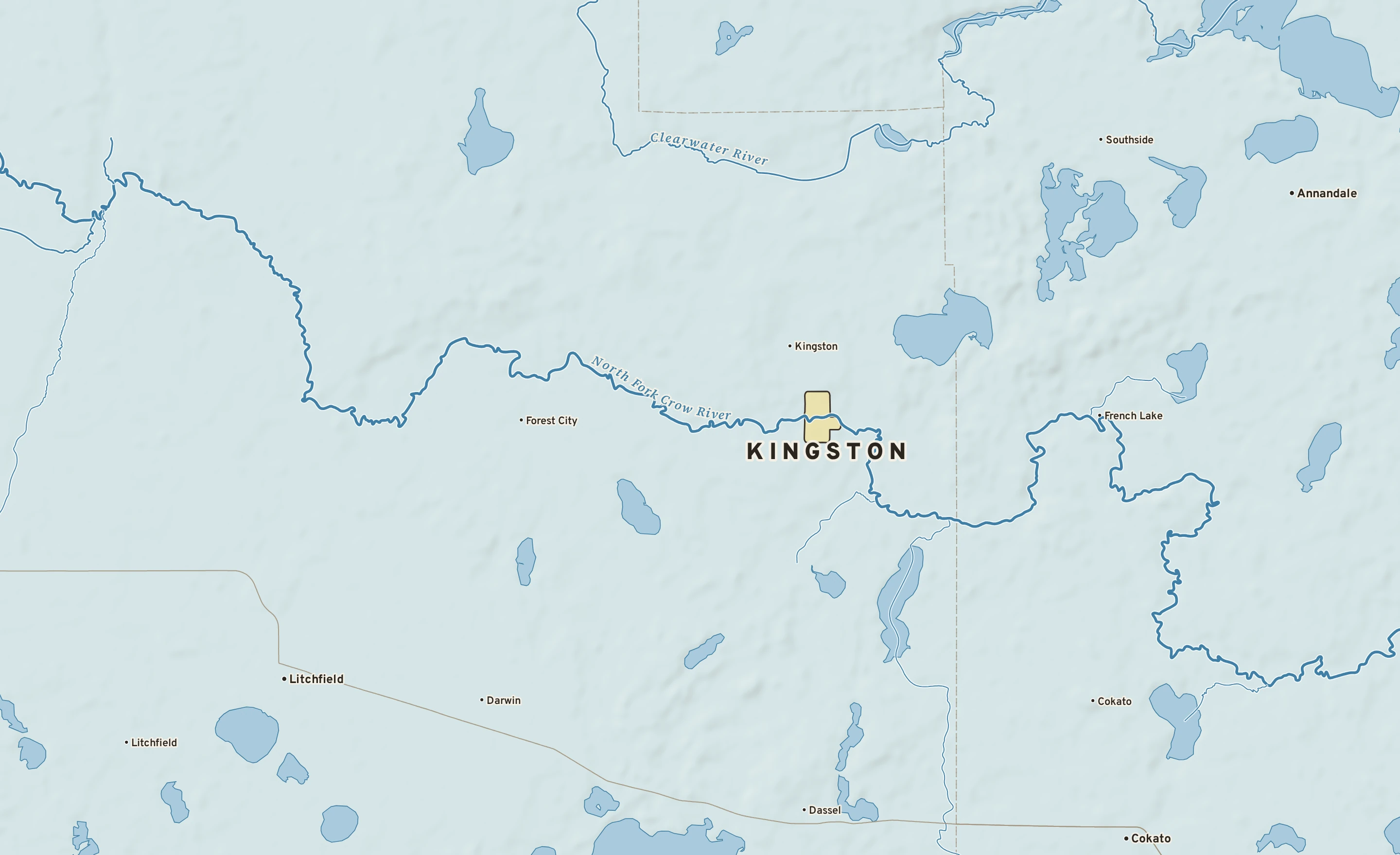 Shaded-relief atlas plate of Kingston, Minnesota: rivers, roads, the city limits and where the water drains.