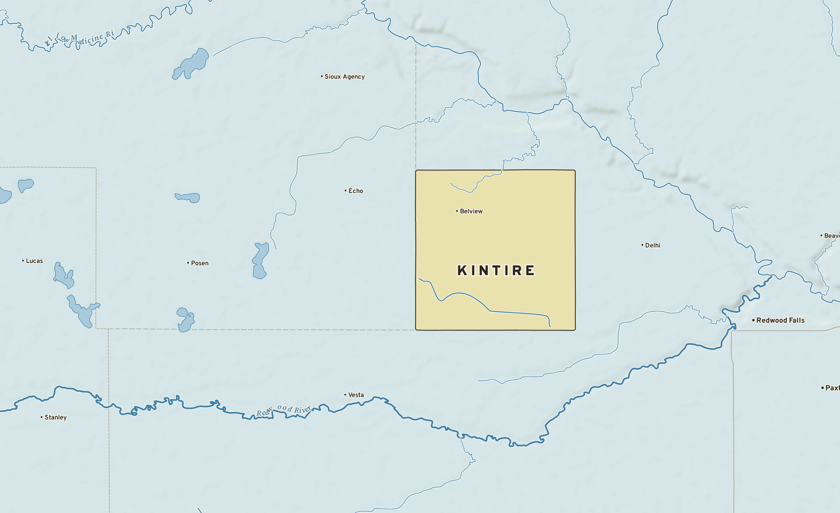 Shaded-relief atlas plate of Kintire, Minnesota: rivers, roads, the city limits and where the water drains.