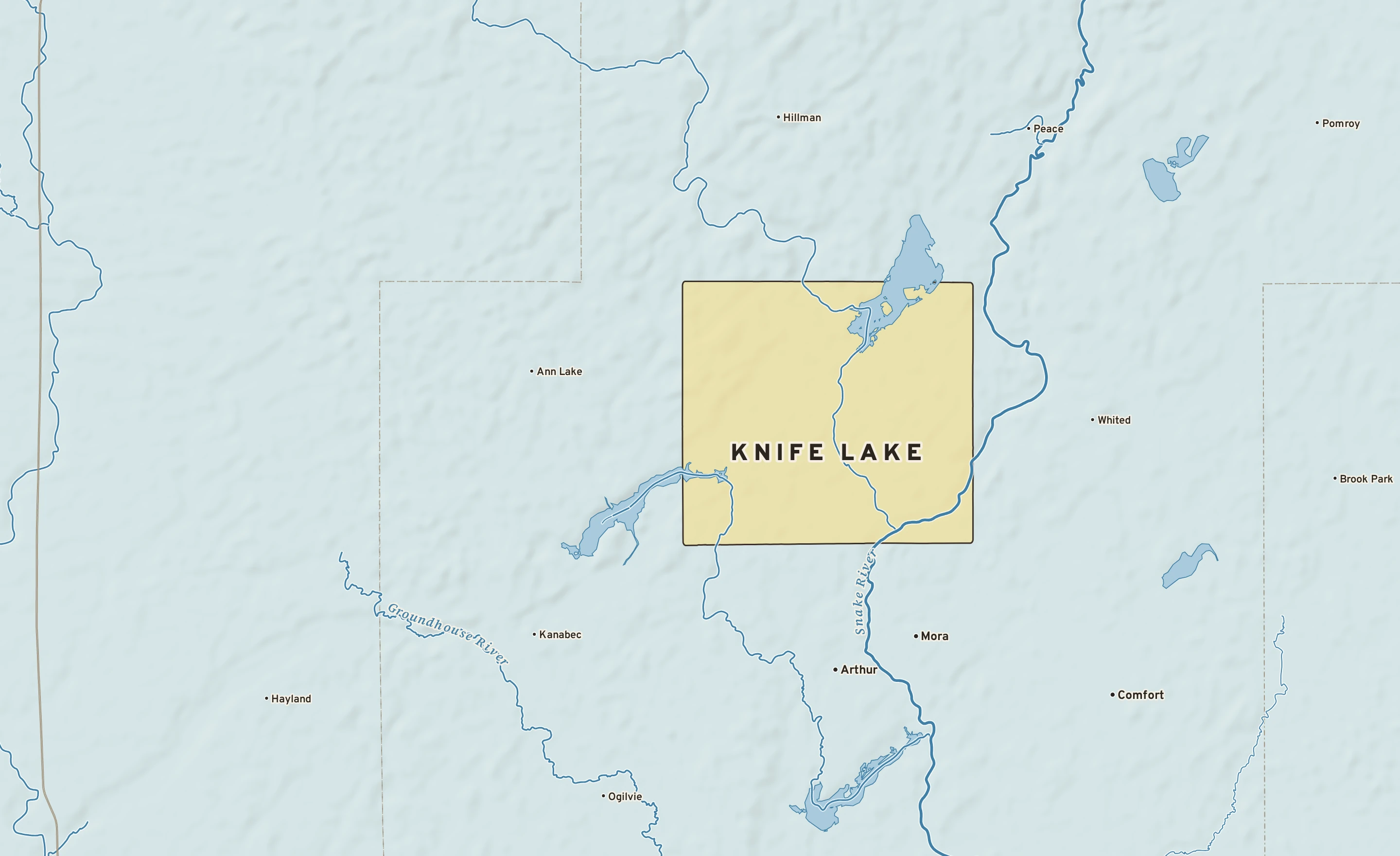 Shaded-relief atlas plate of Knife Lake, Minnesota: rivers, roads, the city limits and where the water drains.