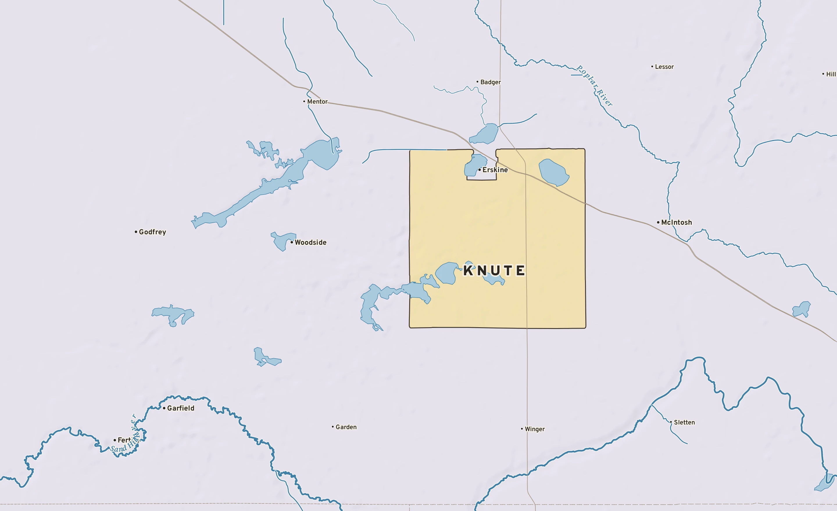 Shaded-relief atlas plate of Knute, Minnesota: rivers, roads, the city limits and where the water drains.