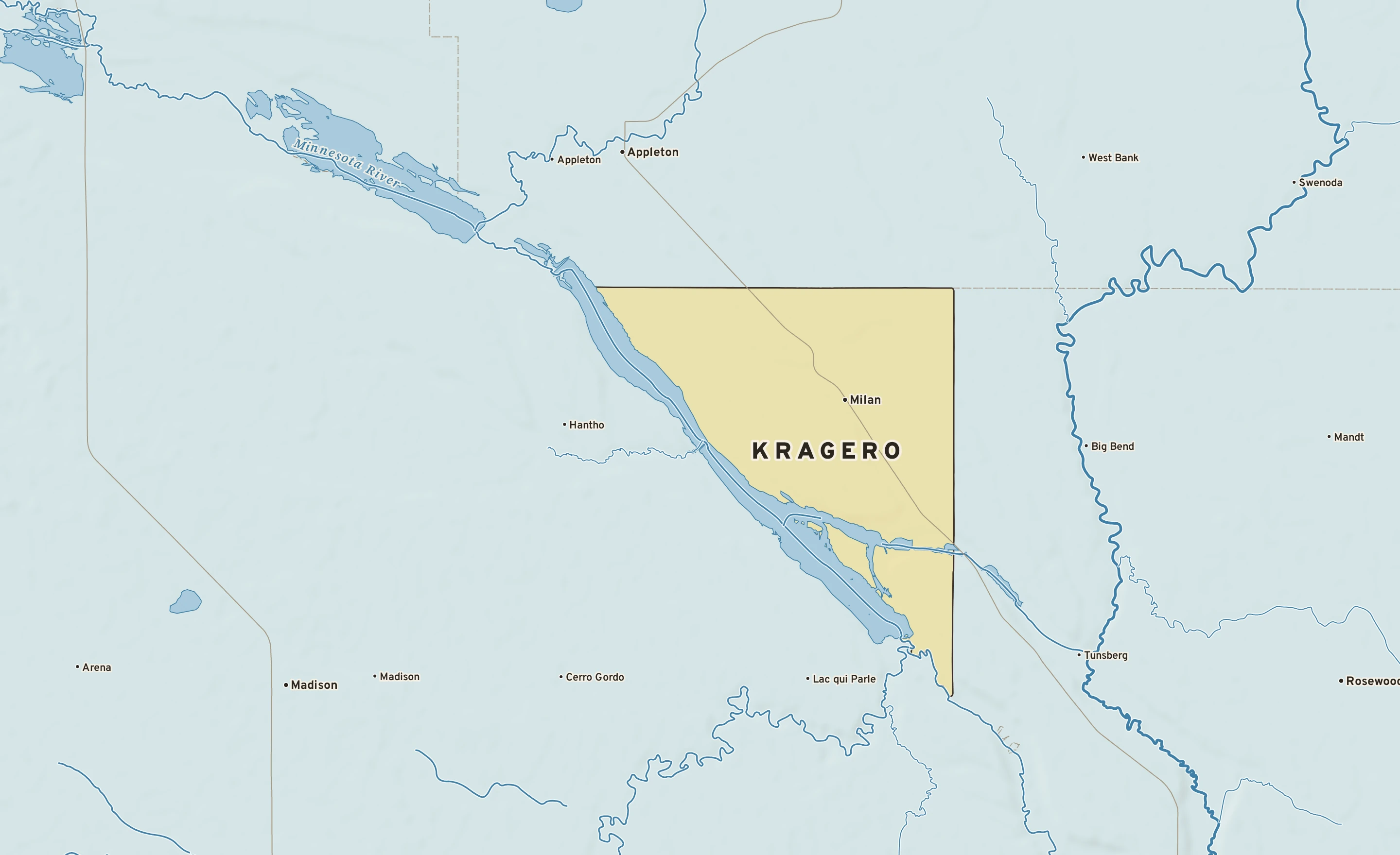 Shaded-relief atlas plate of Kragero, Minnesota: rivers, roads, the city limits and where the water drains.