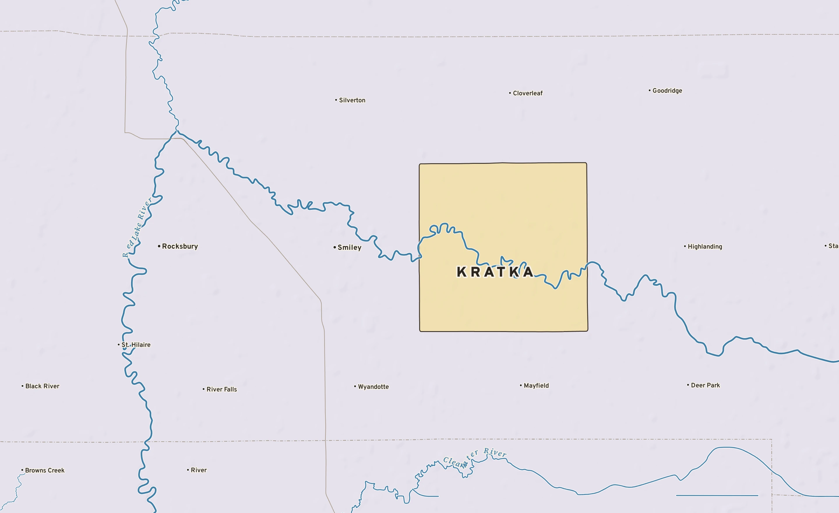 Shaded-relief atlas plate of Kratka, Minnesota: rivers, roads, the city limits and where the water drains.