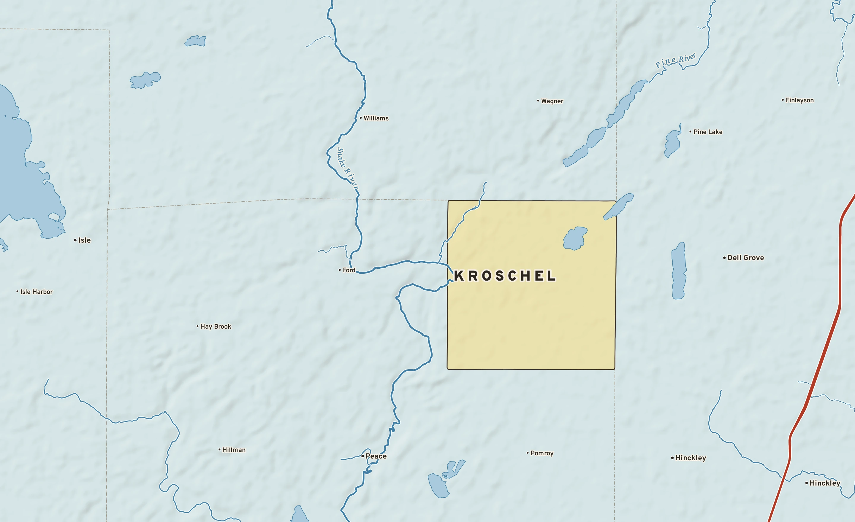 Shaded-relief atlas plate of Kroschel, Minnesota: rivers, roads, the city limits and where the water drains.