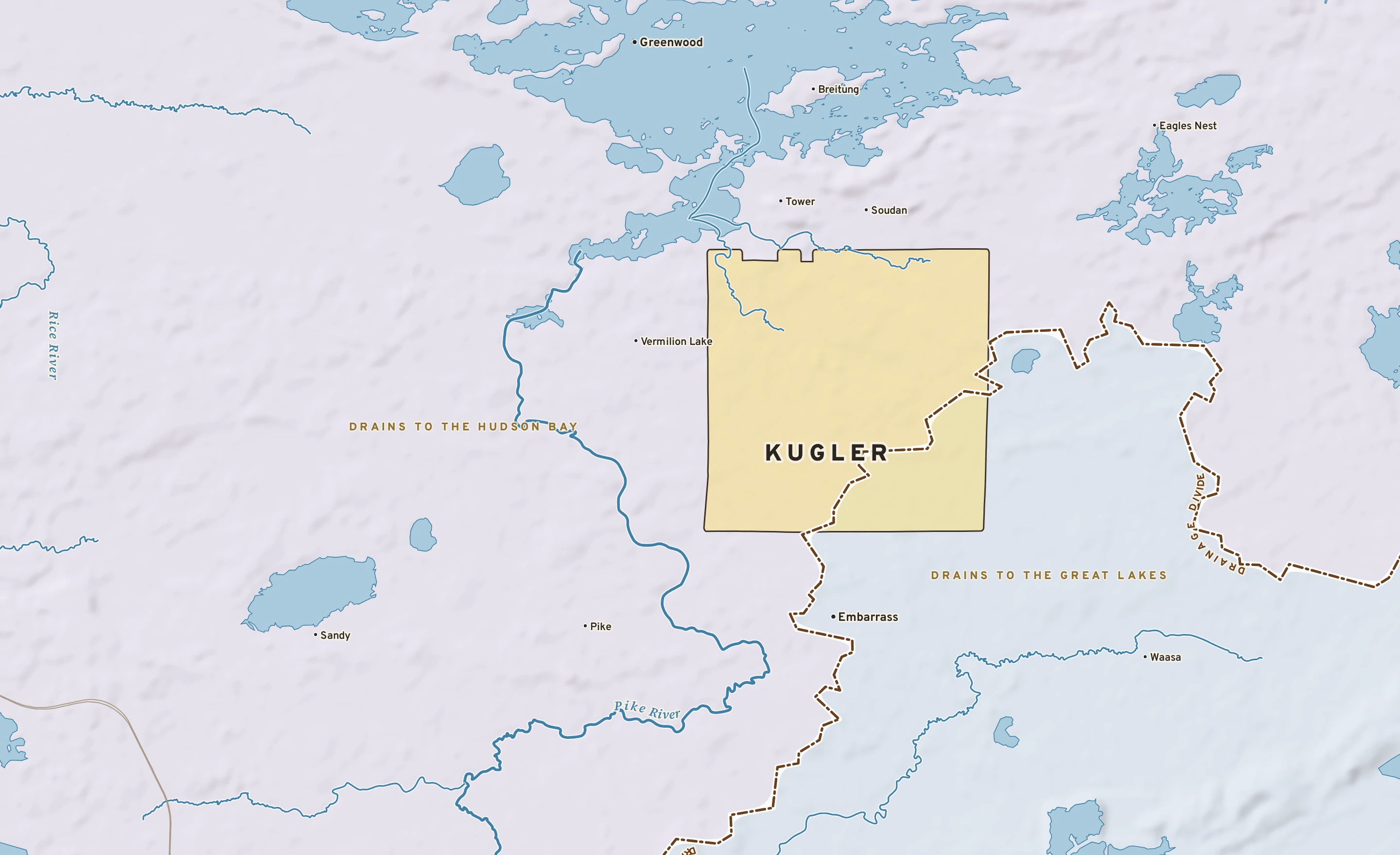 Shaded-relief atlas plate of Kugler, Minnesota: rivers, roads, the city limits and where the water drains.
