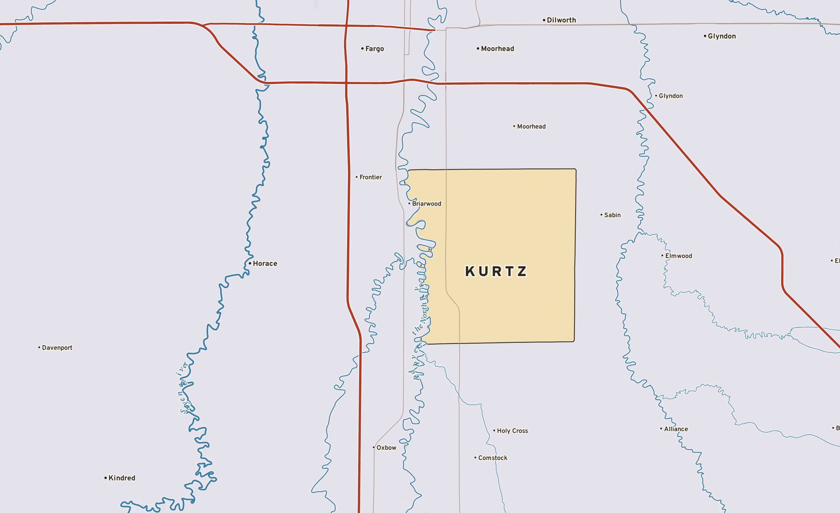 Shaded-relief atlas plate of Kurtz, Minnesota: rivers, roads, the city limits and where the water drains.