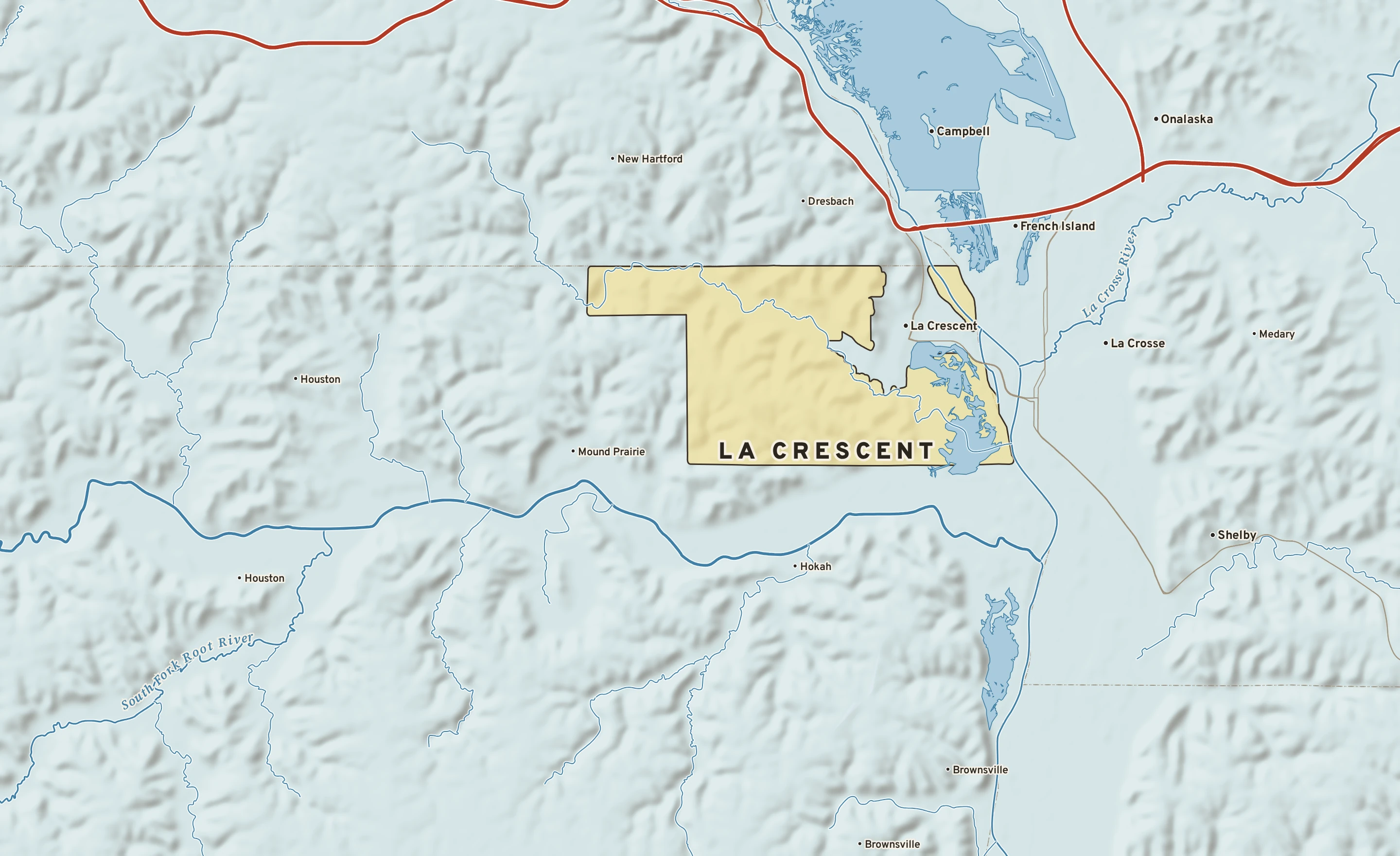 Shaded-relief atlas plate of La Crescent, Minnesota: rivers, roads, the city limits and where the water drains.