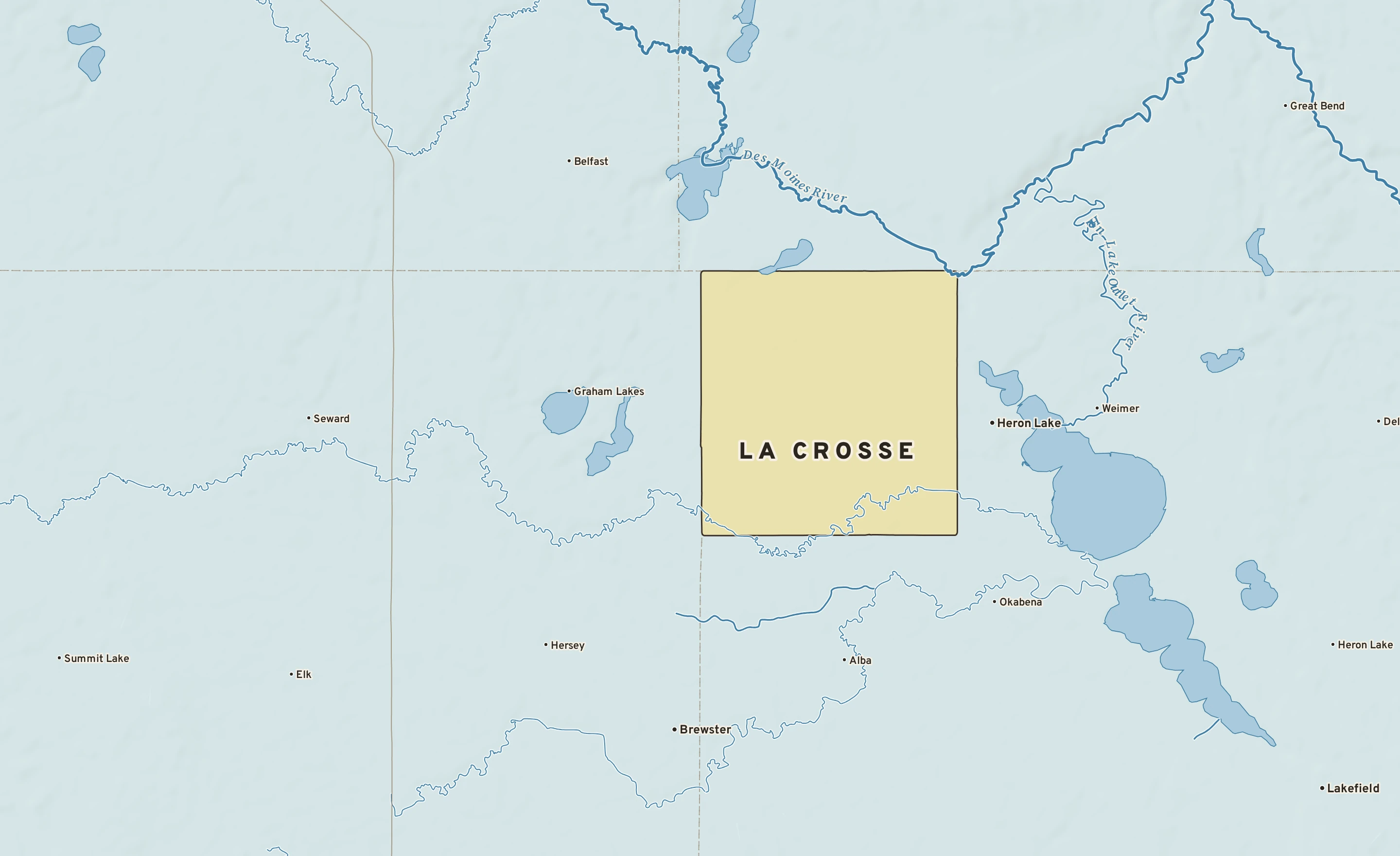 Shaded-relief atlas plate of La Crosse, Minnesota: rivers, roads, the city limits and where the water drains.