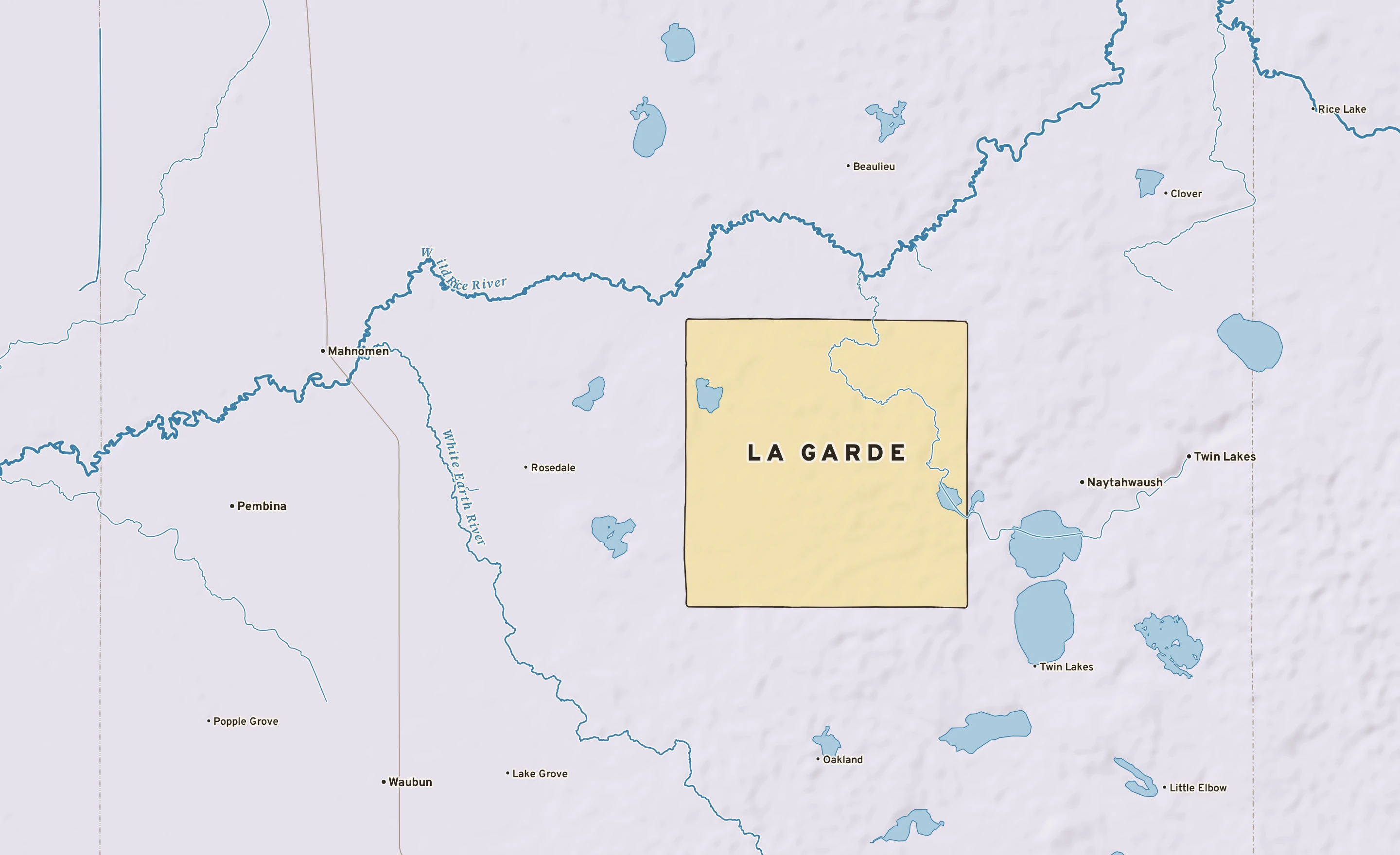 Shaded-relief atlas plate of La Garde, Minnesota: rivers, roads, the city limits and where the water drains.