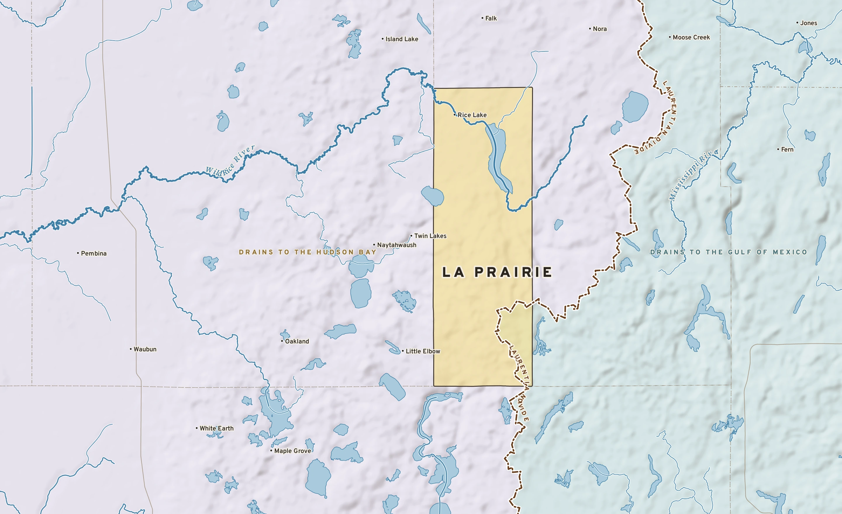 Shaded-relief atlas plate of La Prairie, Minnesota: rivers, roads, the city limits and where the water drains.