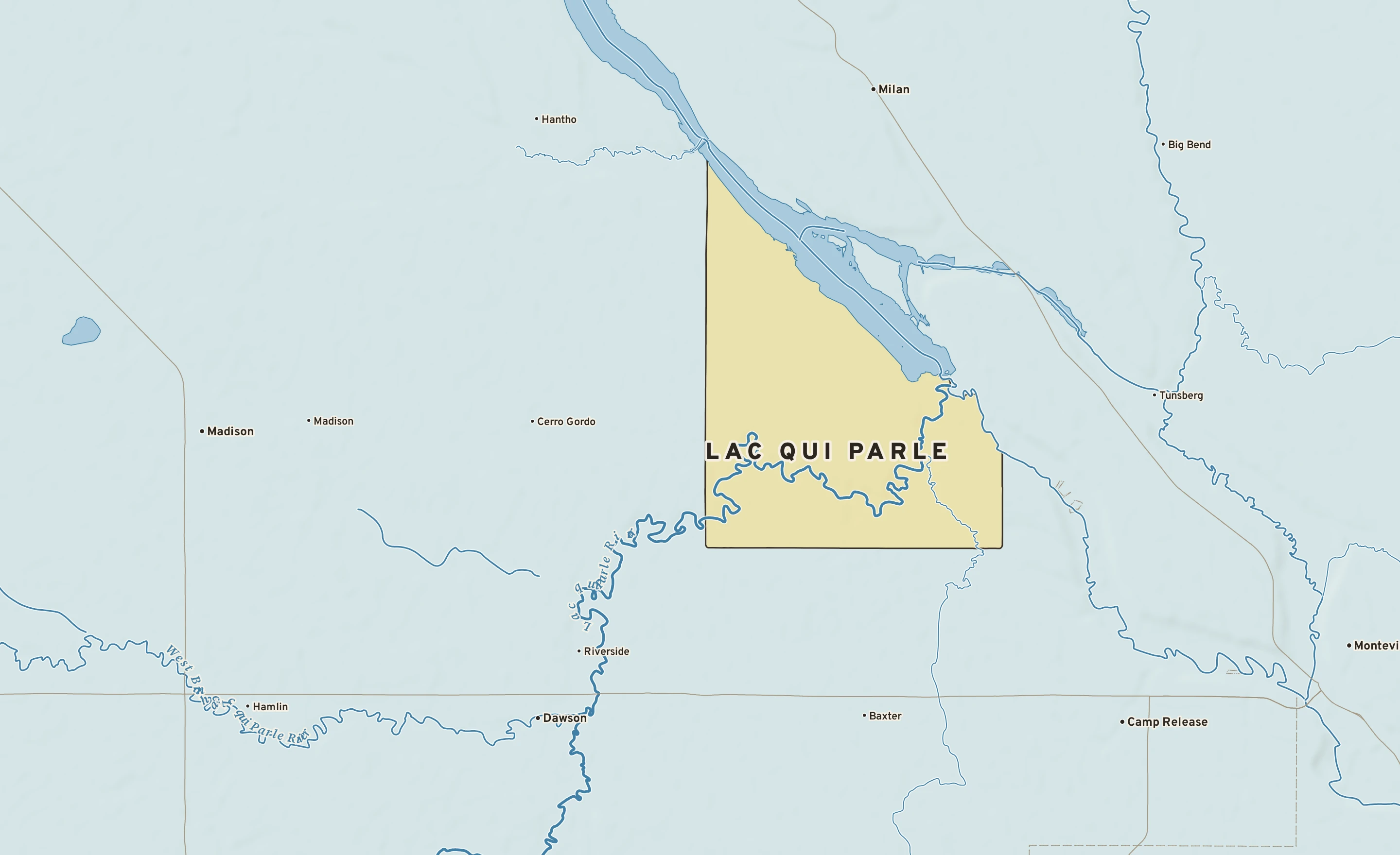 Shaded-relief atlas plate of Lac qui Parle, Minnesota: rivers, roads, the city limits and where the water drains.