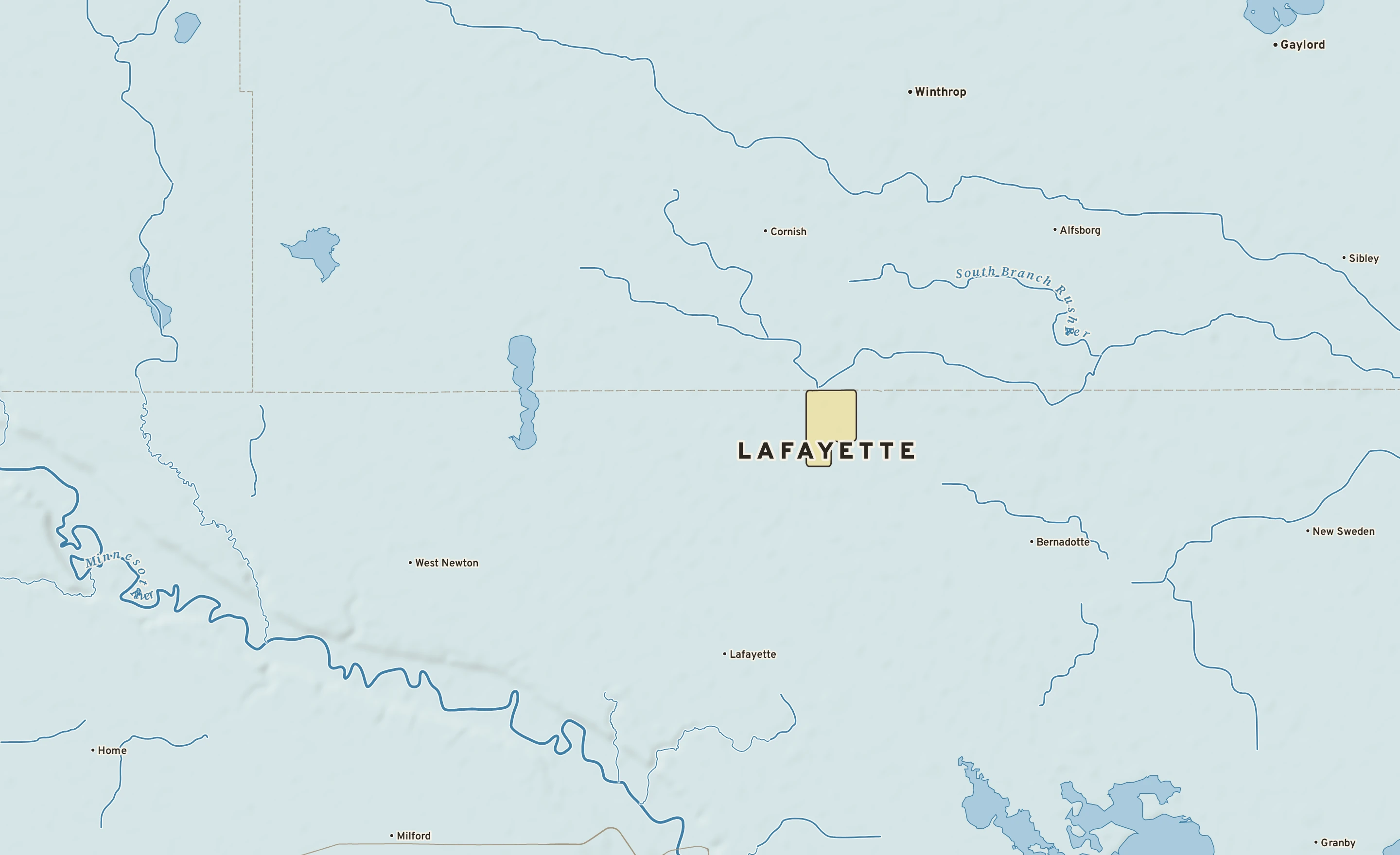 Shaded-relief atlas plate of Lafayette, Minnesota: rivers, roads, the city limits and where the water drains.