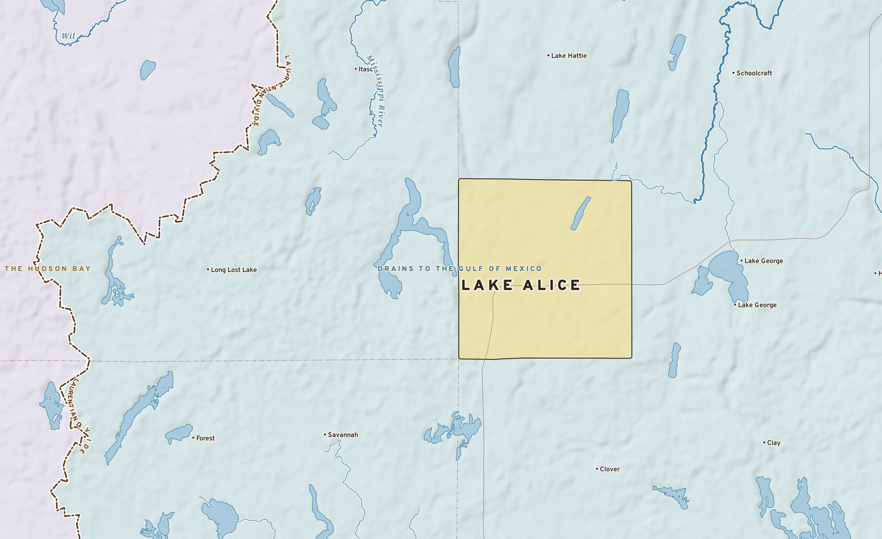 Shaded-relief atlas plate of Lake Alice, Minnesota: rivers, roads, the city limits and where the water drains.