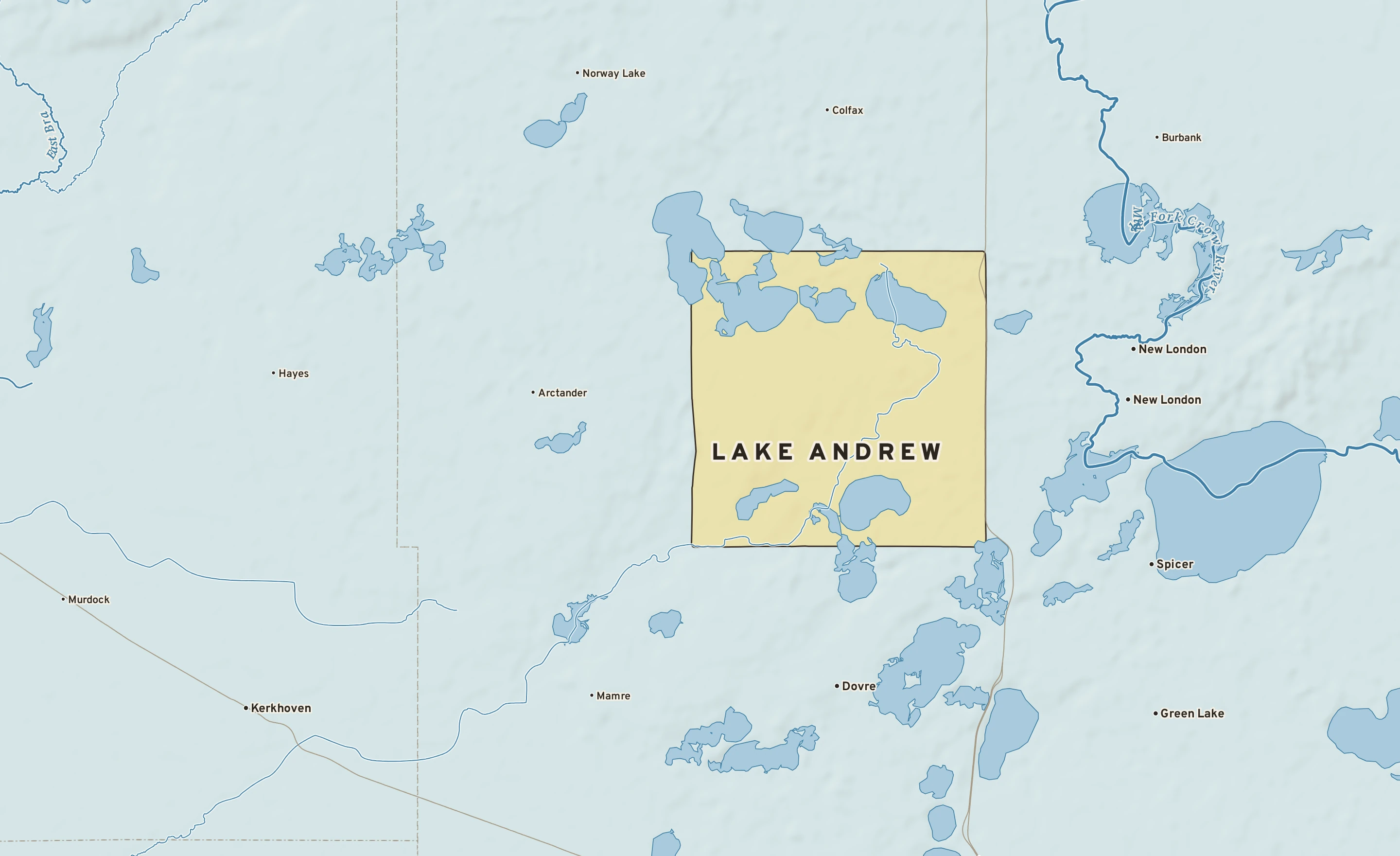 Shaded-relief atlas plate of Lake Andrew, Minnesota: rivers, roads, the city limits and where the water drains.