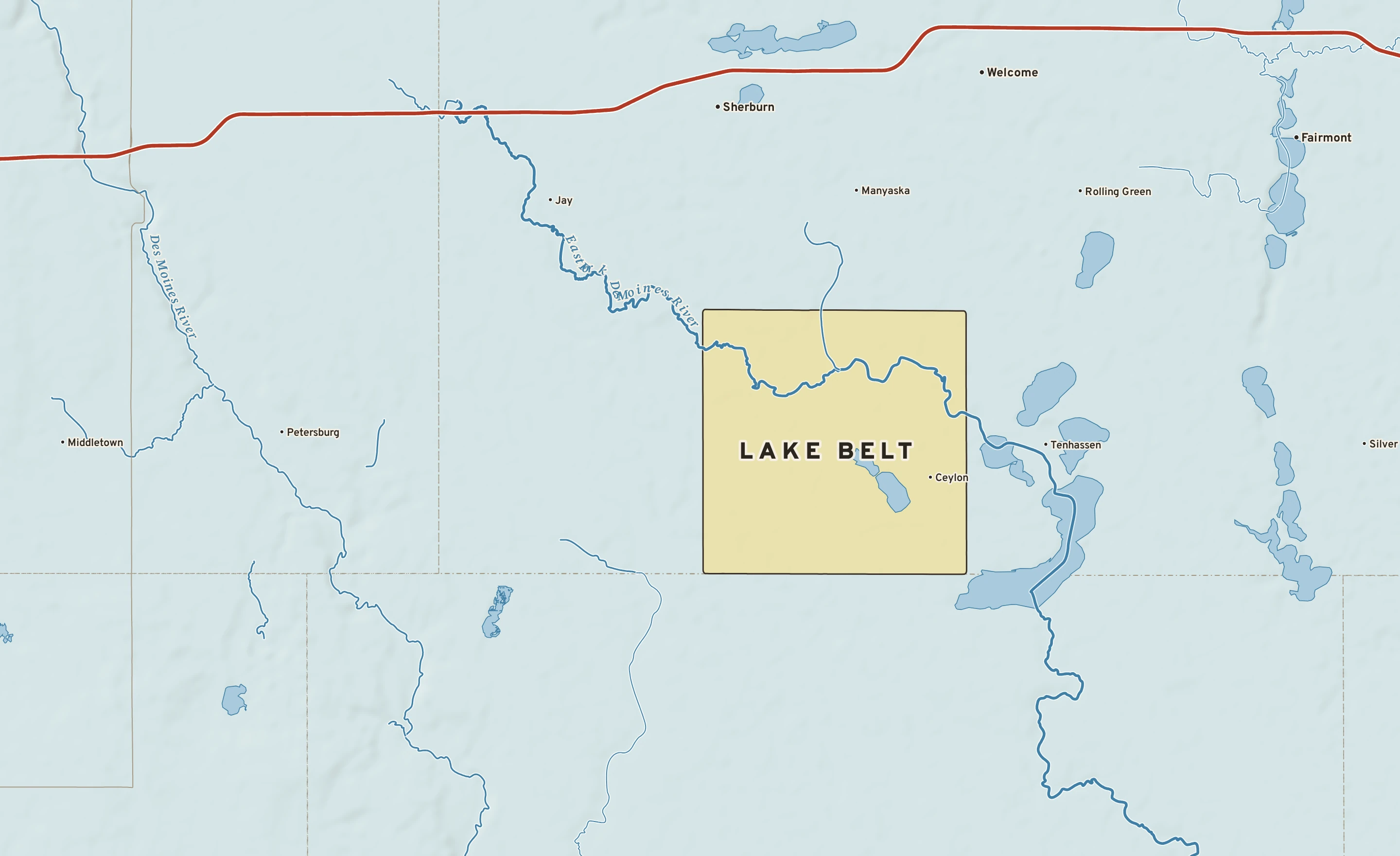 Shaded-relief atlas plate of Lake Belt, Minnesota: rivers, roads, the city limits and where the water drains.