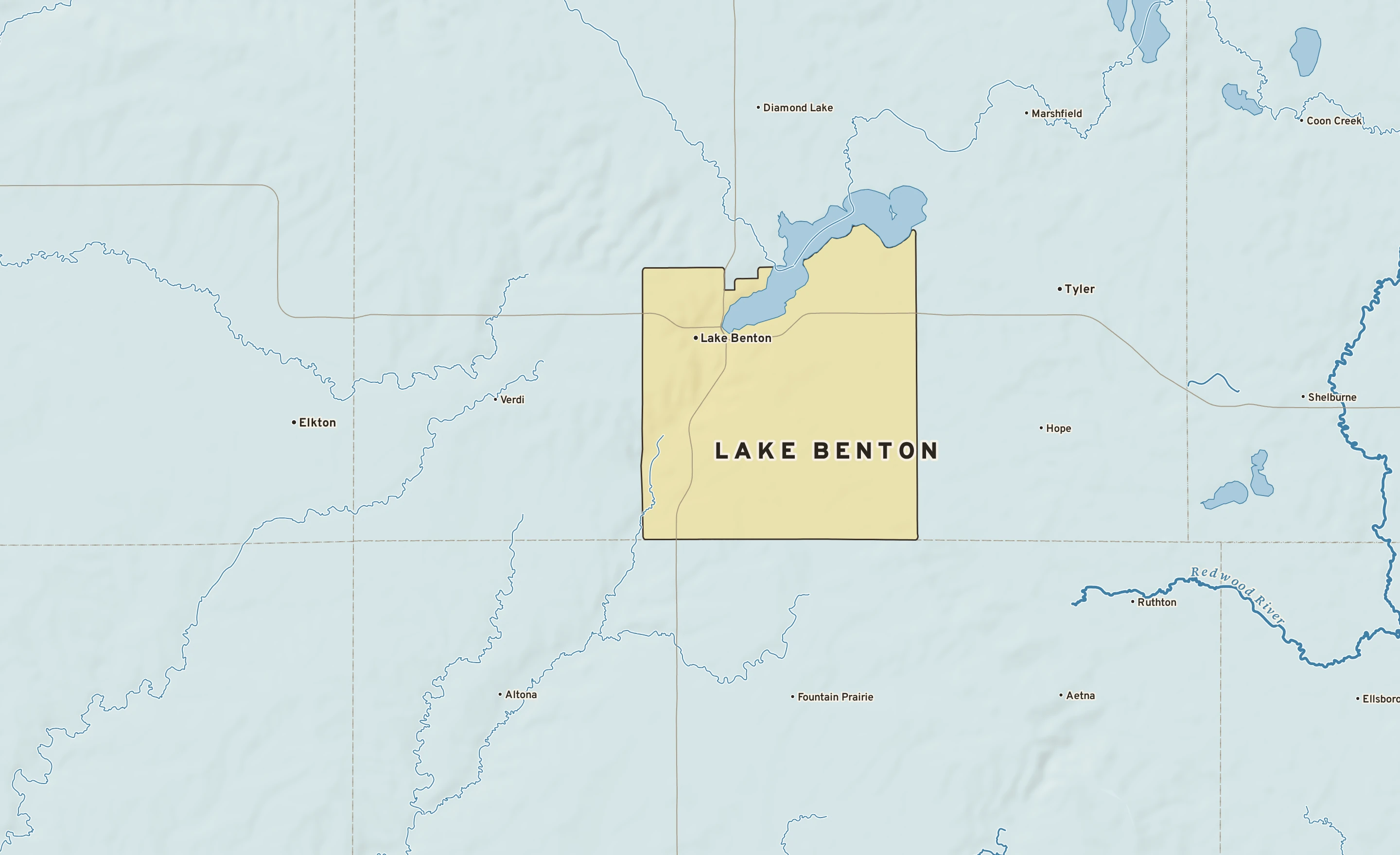 Shaded-relief atlas plate of Lake Benton, Minnesota: rivers, roads, the city limits and where the water drains.