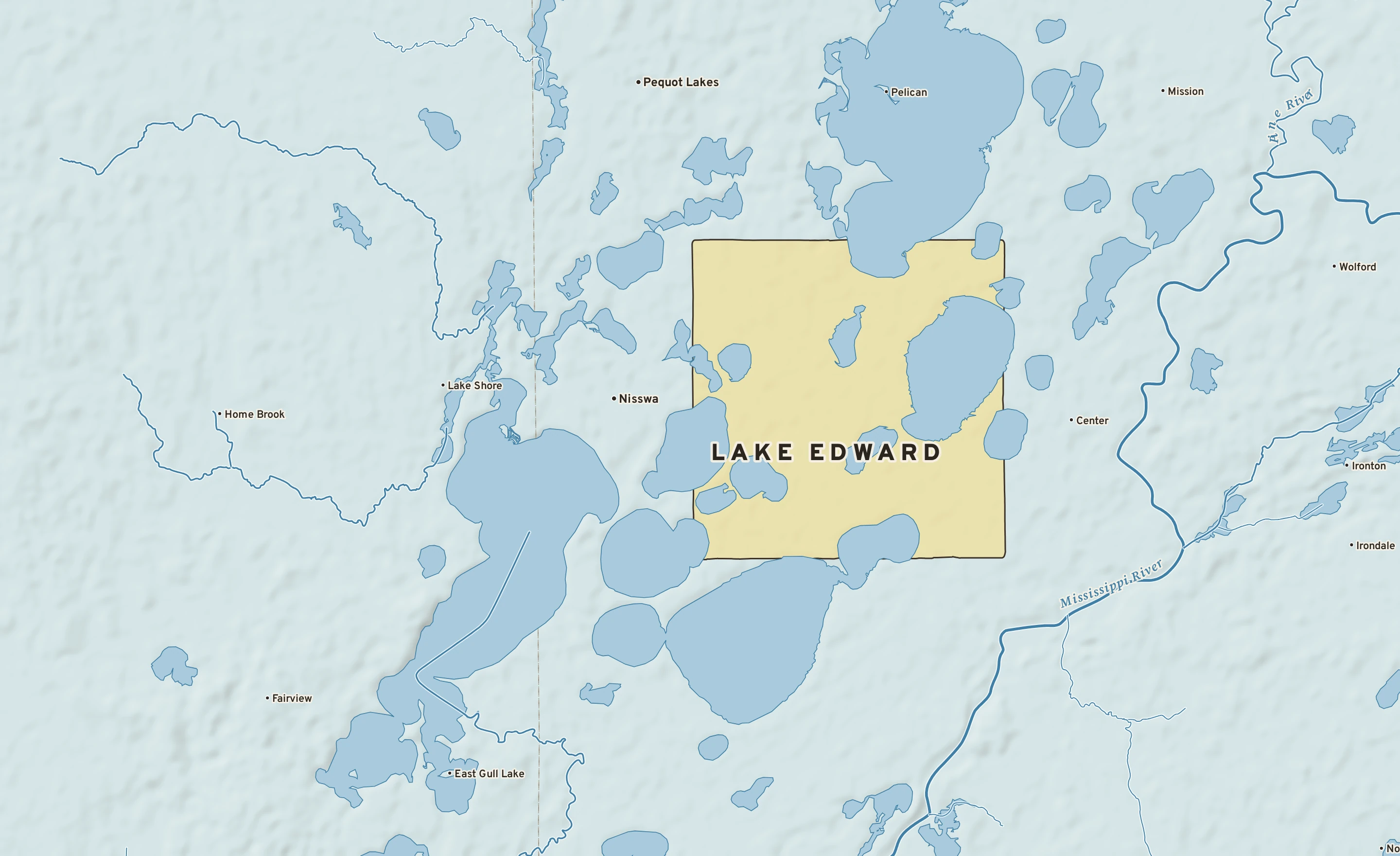 Shaded-relief atlas plate of Lake Edward, Minnesota: rivers, roads, the city limits and where the water drains.