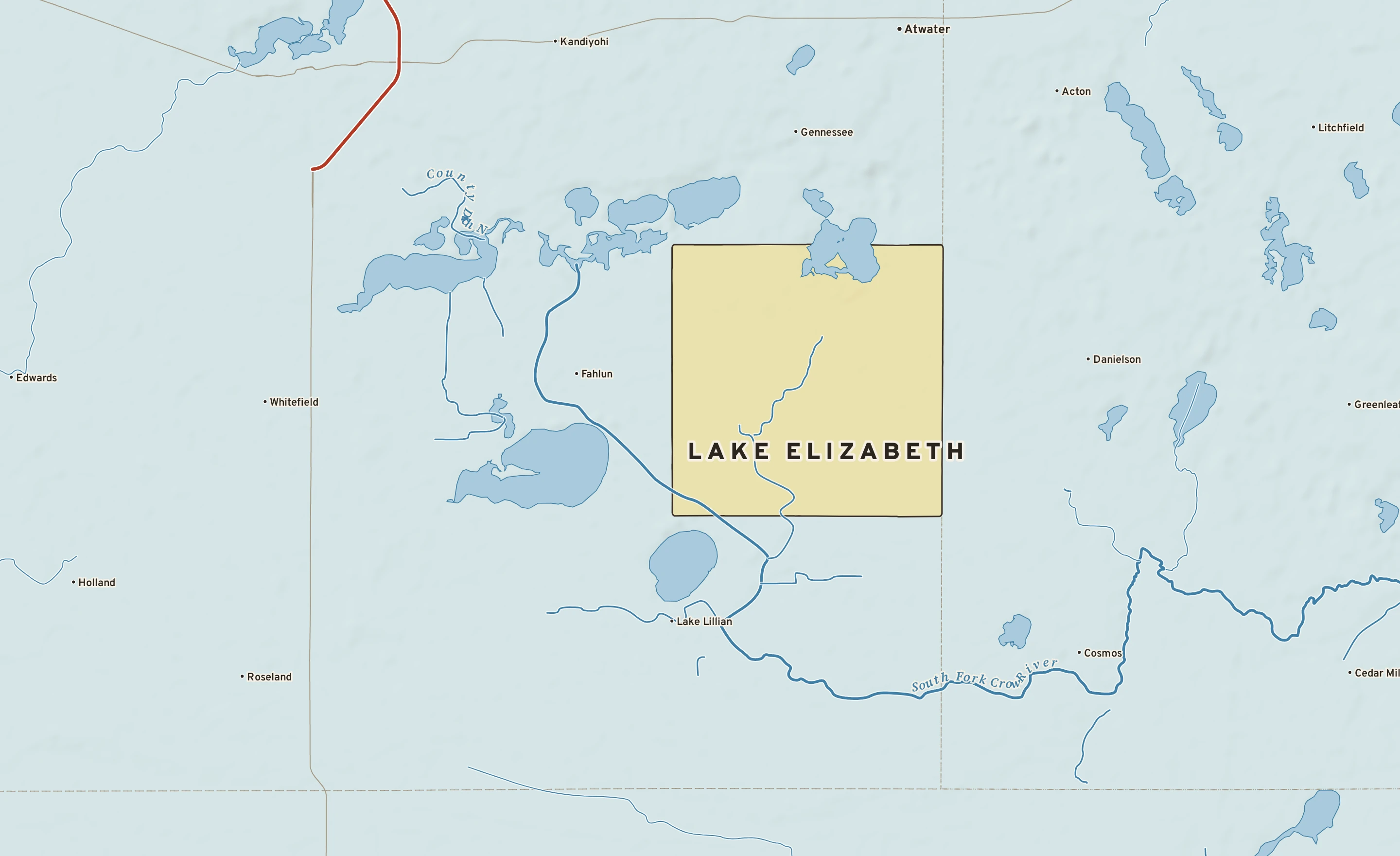 Shaded-relief atlas plate of Lake Elizabeth, Minnesota: rivers, roads, the city limits and where the water drains.