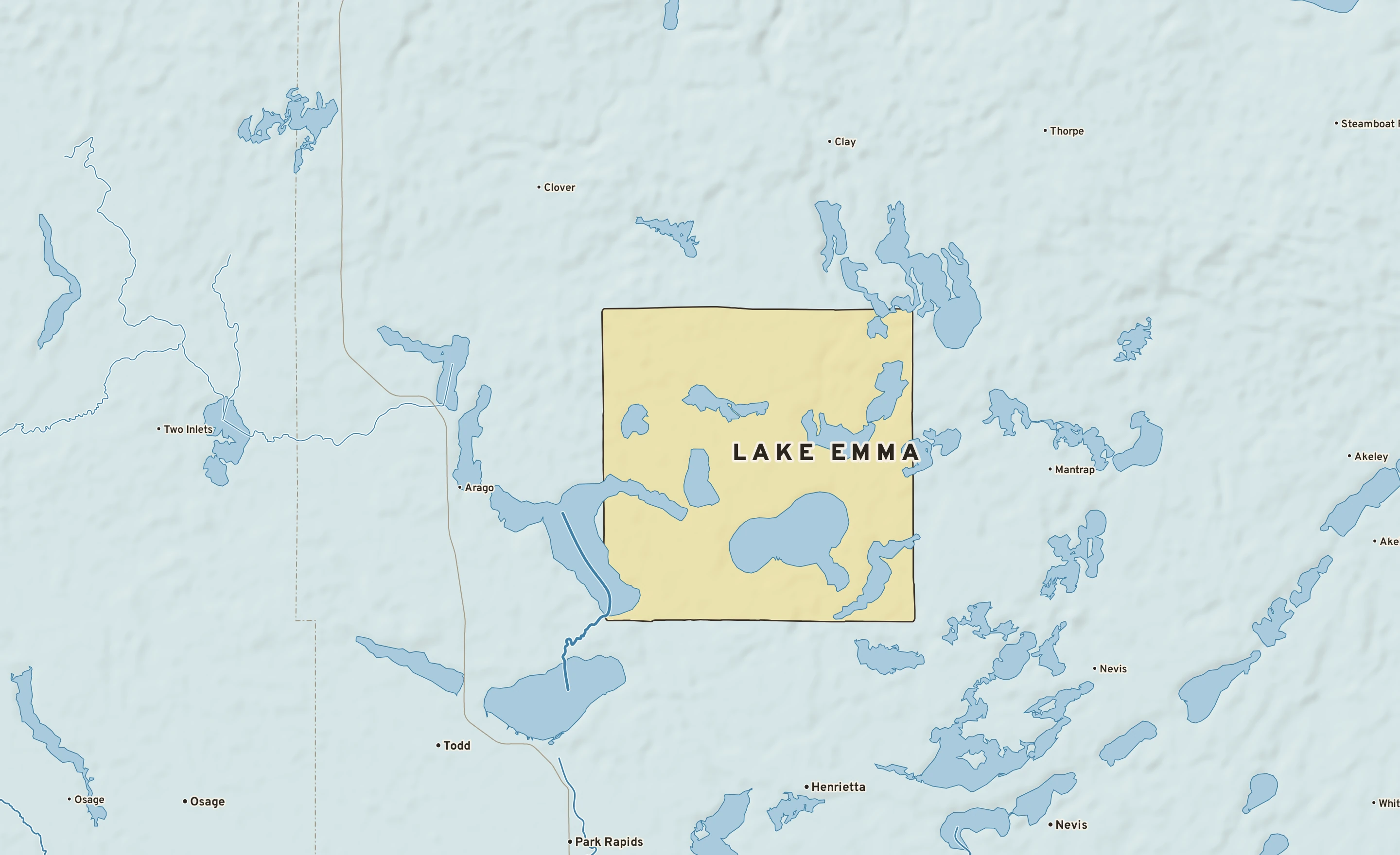 Shaded-relief atlas plate of Lake Emma, Minnesota: rivers, roads, the city limits and where the water drains.