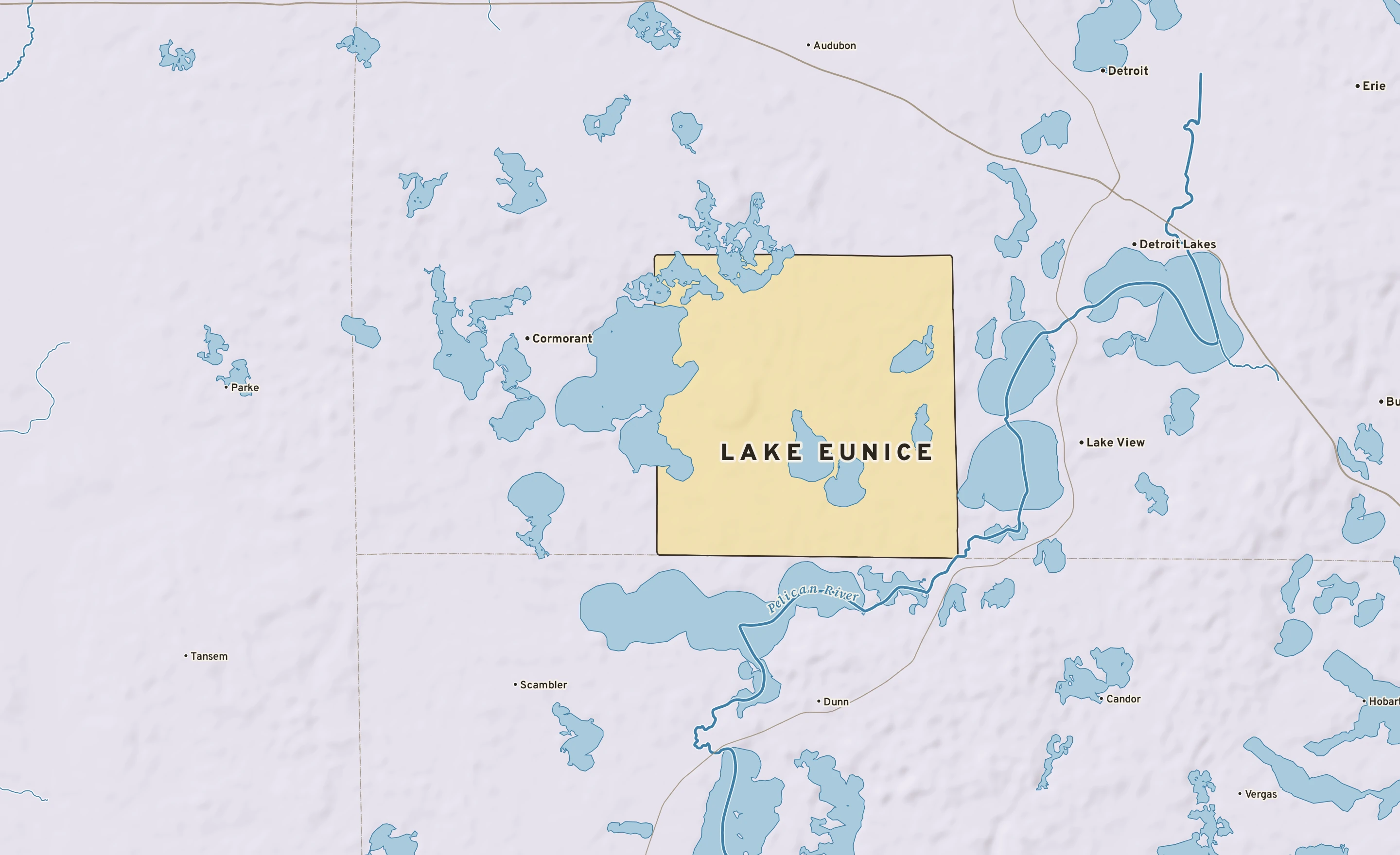 Shaded-relief atlas plate of Lake Eunice, Minnesota: rivers, roads, the city limits and where the water drains.