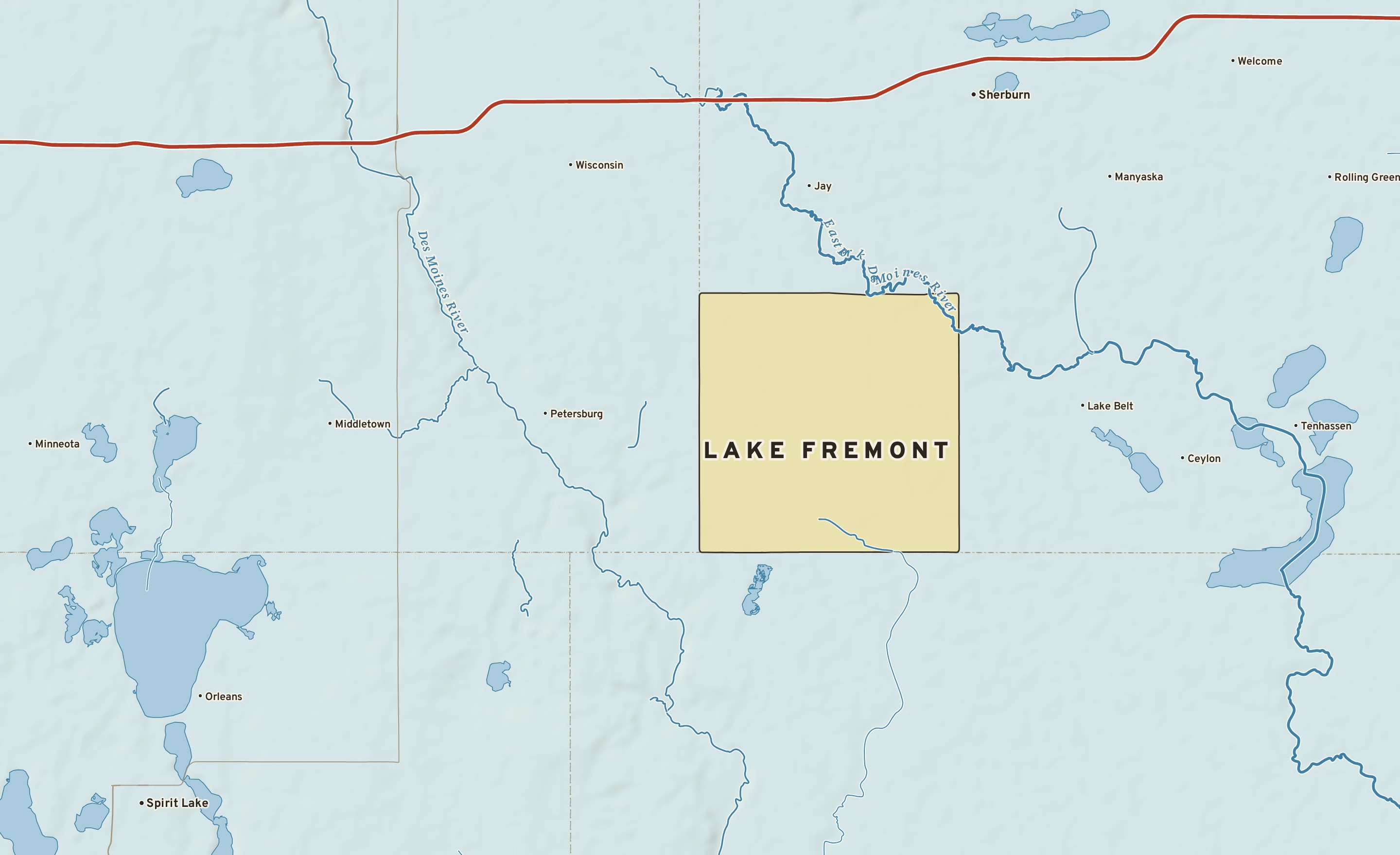 Shaded-relief atlas plate of Lake Fremont, Minnesota: rivers, roads, the city limits and where the water drains.