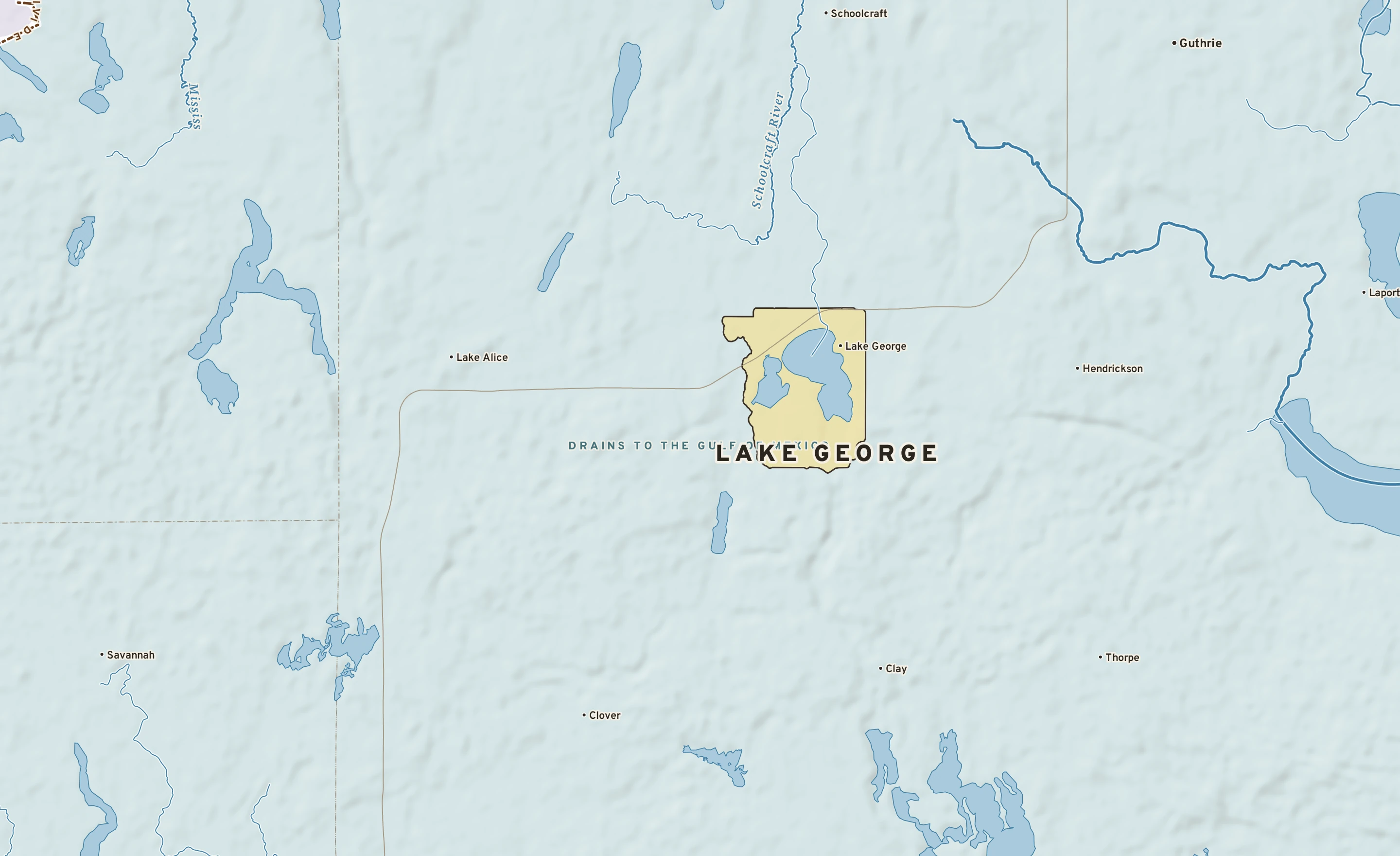 Shaded-relief atlas plate of Lake George, Minnesota: rivers, roads, the city limits and where the water drains.
