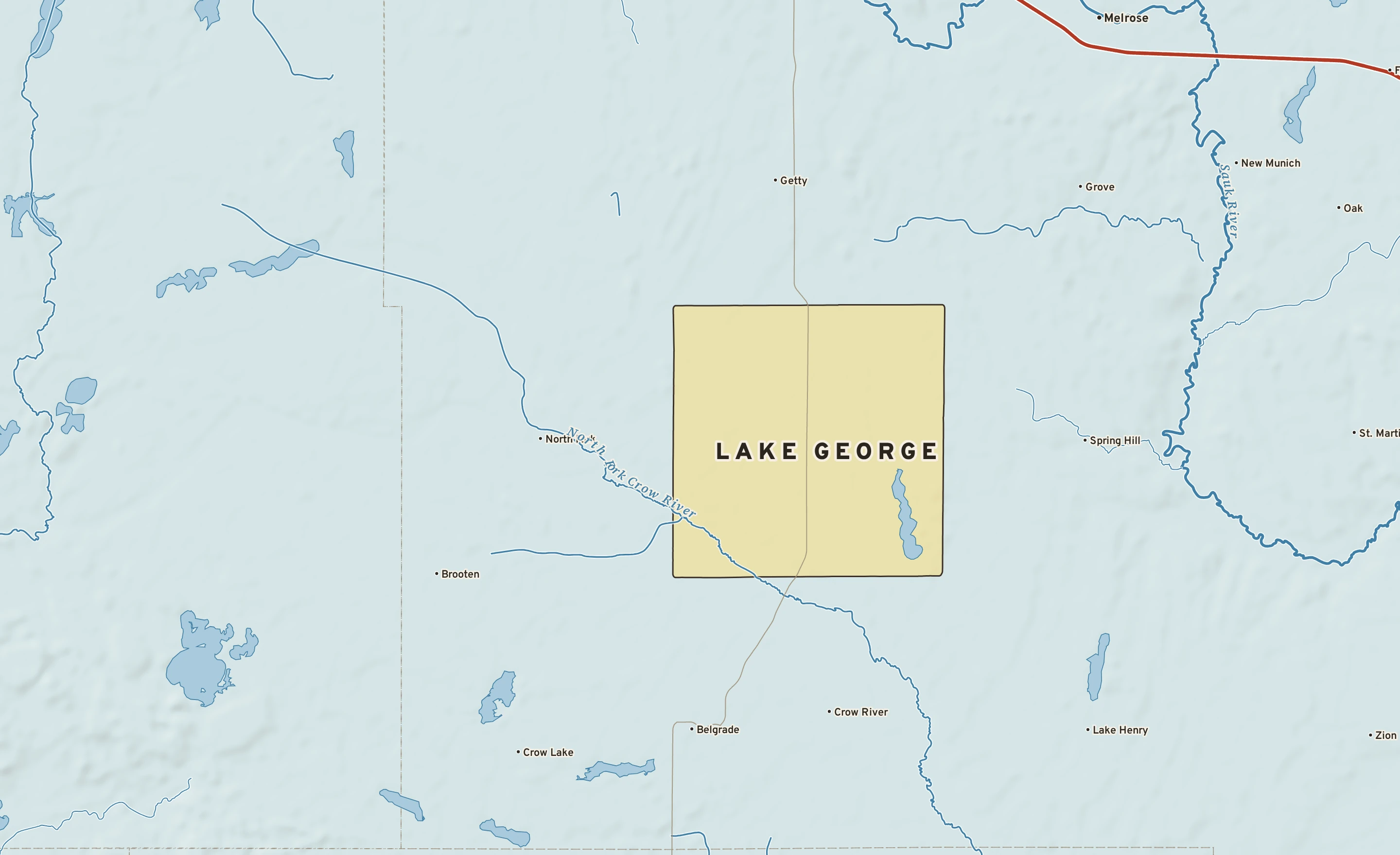 Shaded-relief atlas plate of Lake George, Minnesota: rivers, roads, the city limits and where the water drains.