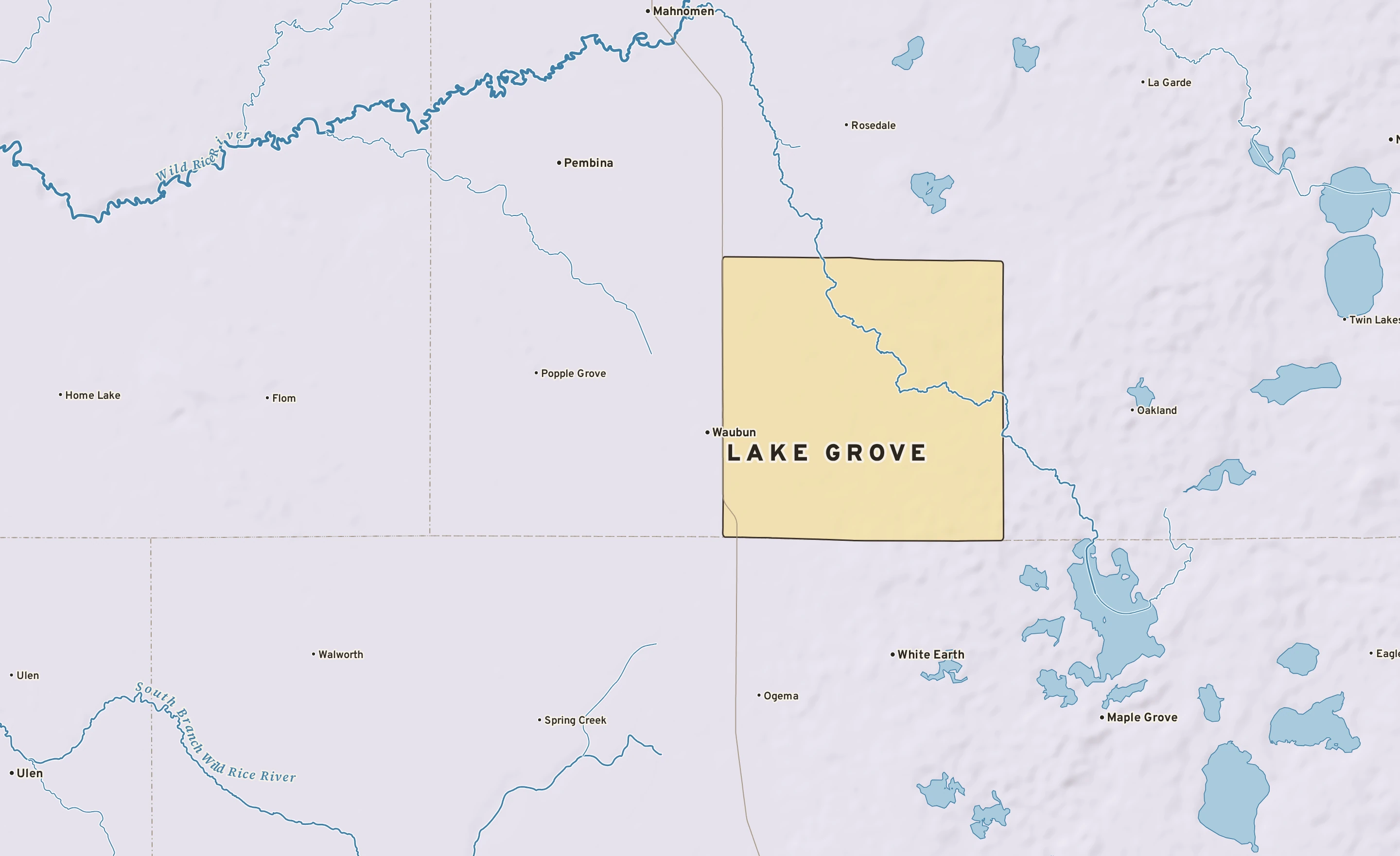 Shaded-relief atlas plate of Lake Grove, Minnesota: rivers, roads, the city limits and where the water drains.