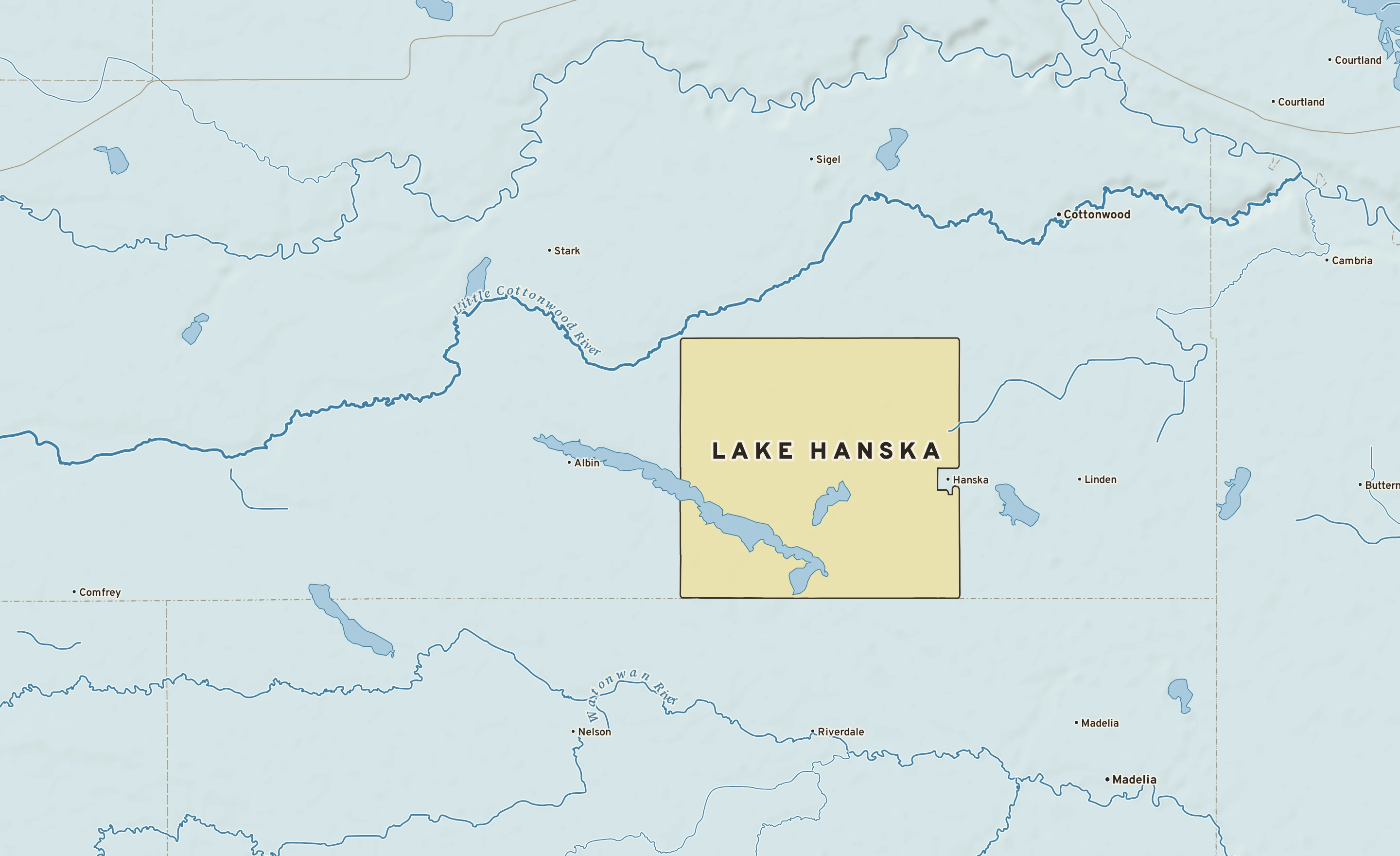 Shaded-relief atlas plate of Lake Hanska, Minnesota: rivers, roads, the city limits and where the water drains.