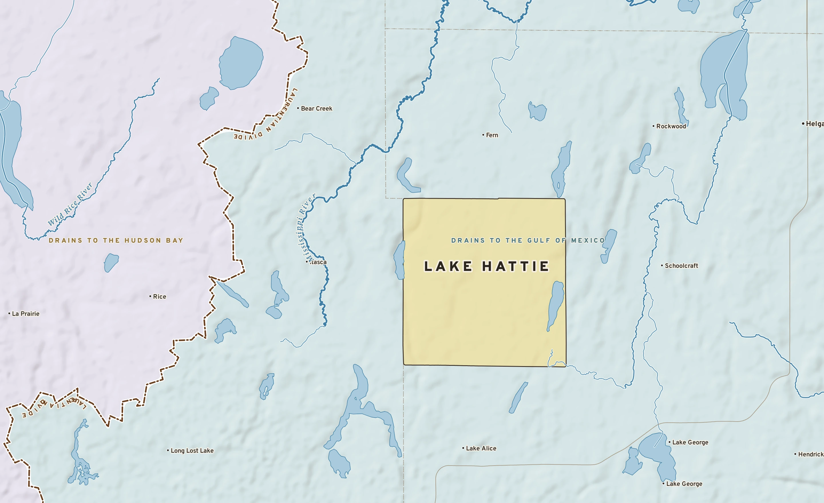 Shaded-relief atlas plate of Lake Hattie, Minnesota: rivers, roads, the city limits and where the water drains.