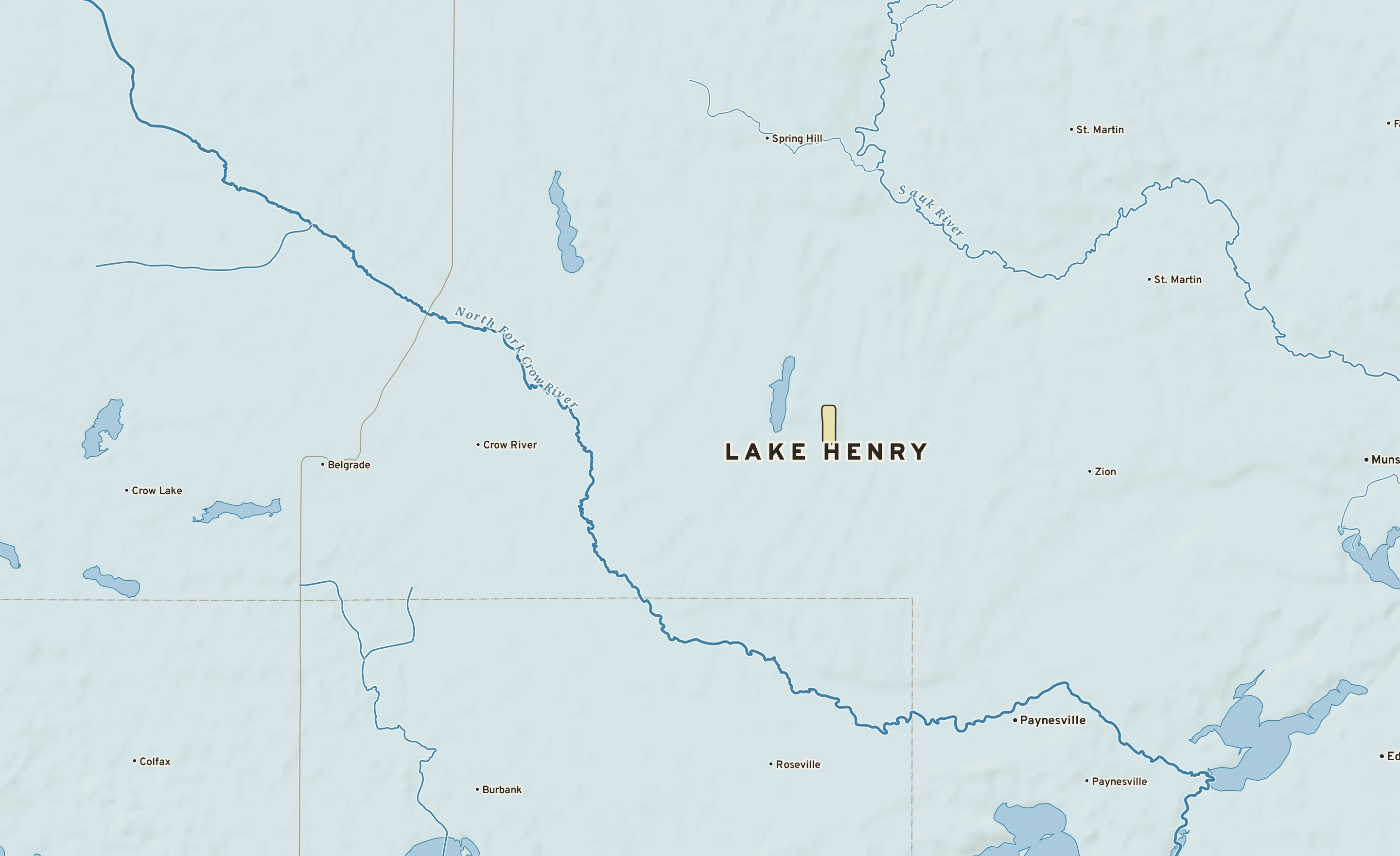 Shaded-relief atlas plate of Lake Henry, Minnesota: rivers, roads, the city limits and where the water drains.
