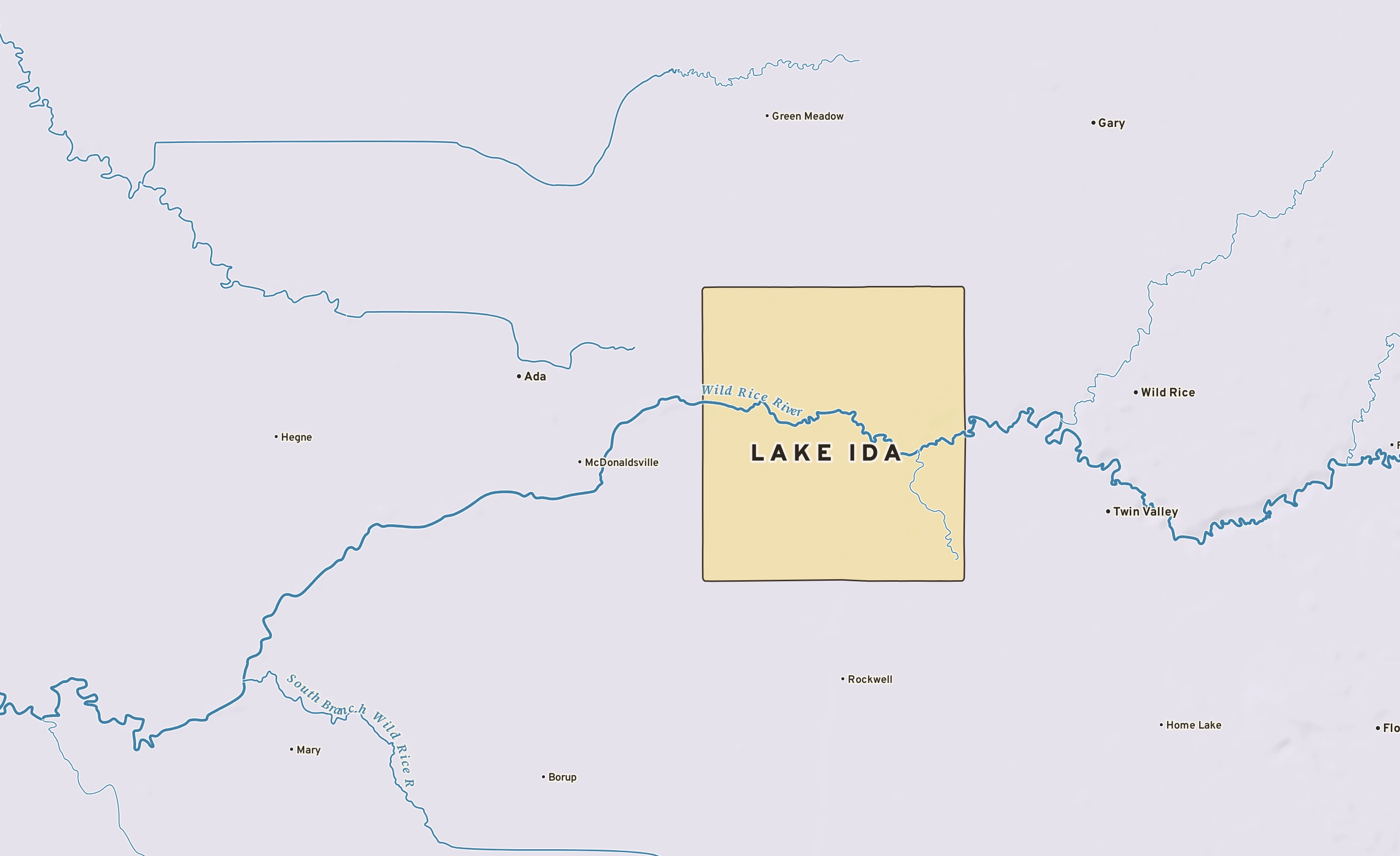 Shaded-relief atlas plate of Lake Ida, Minnesota: rivers, roads, the city limits and where the water drains.