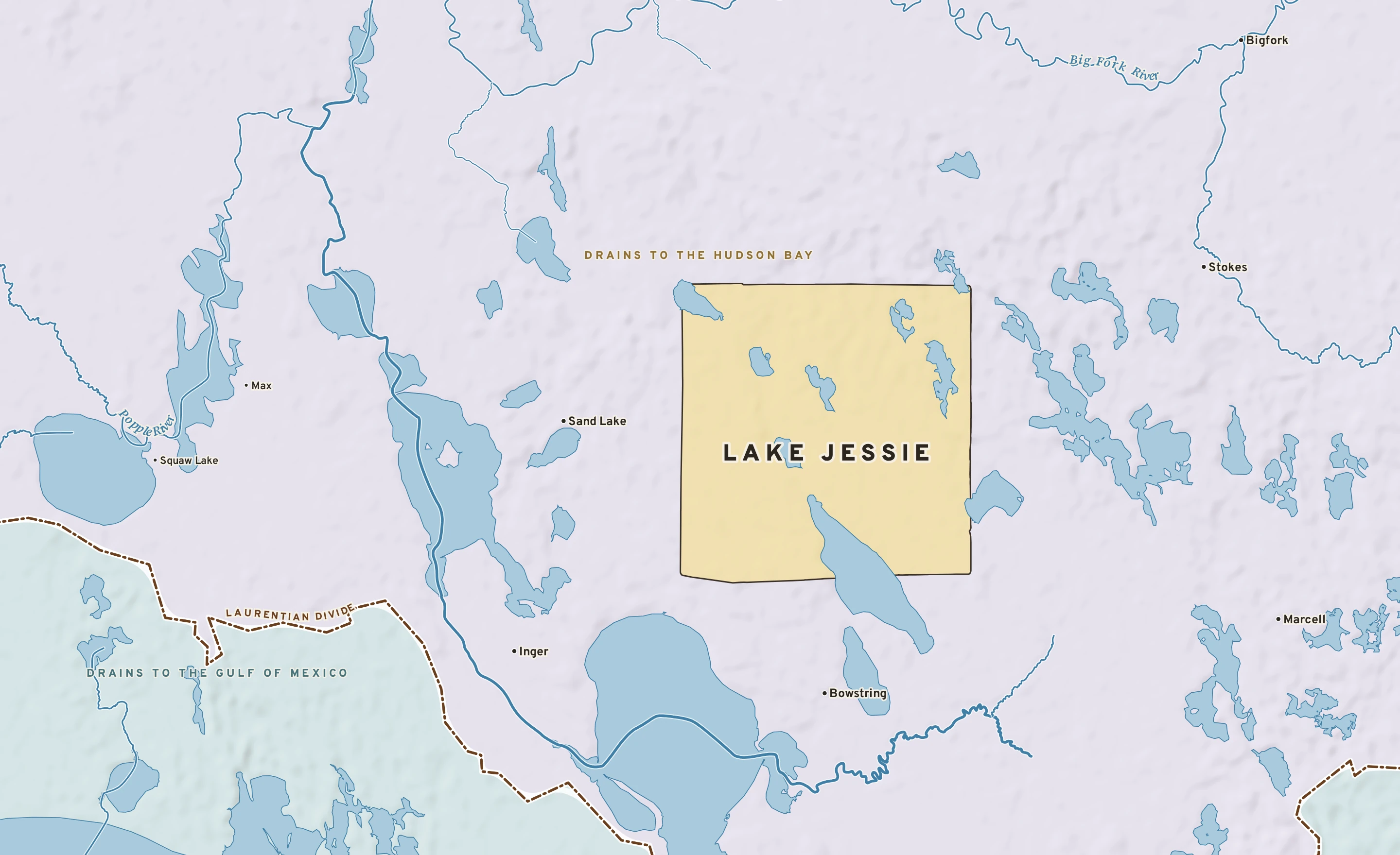 Shaded-relief atlas plate of Lake Jessie, Minnesota: rivers, roads, the city limits and where the water drains.