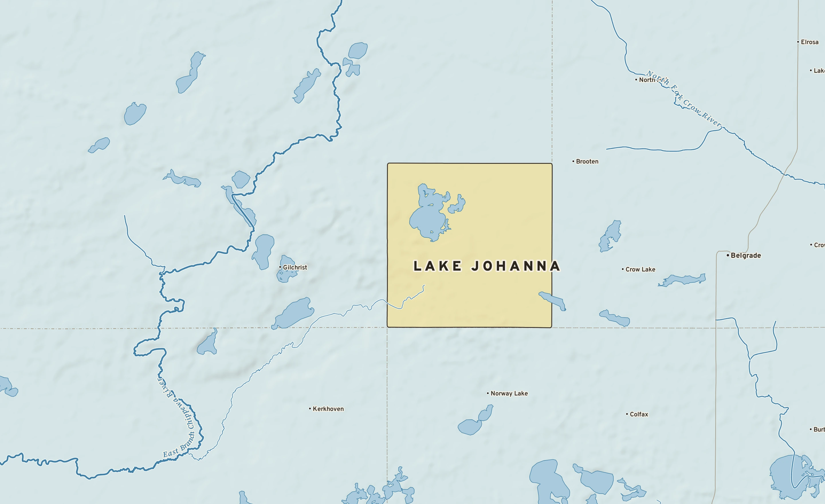 Shaded-relief atlas plate of Lake Johanna, Minnesota: rivers, roads, the city limits and where the water drains.