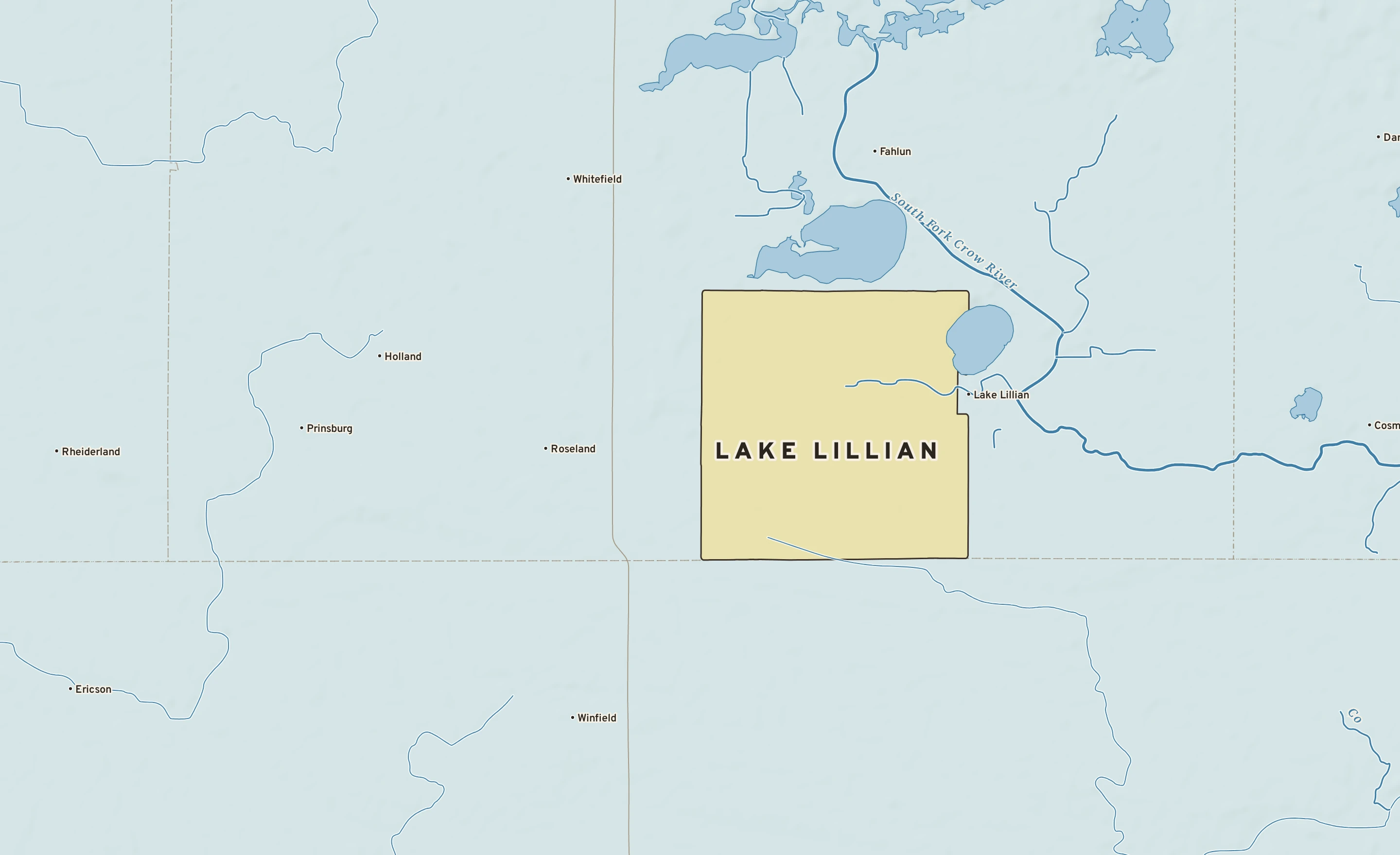 Shaded-relief atlas plate of Lake Lillian, Minnesota: rivers, roads, the city limits and where the water drains.
