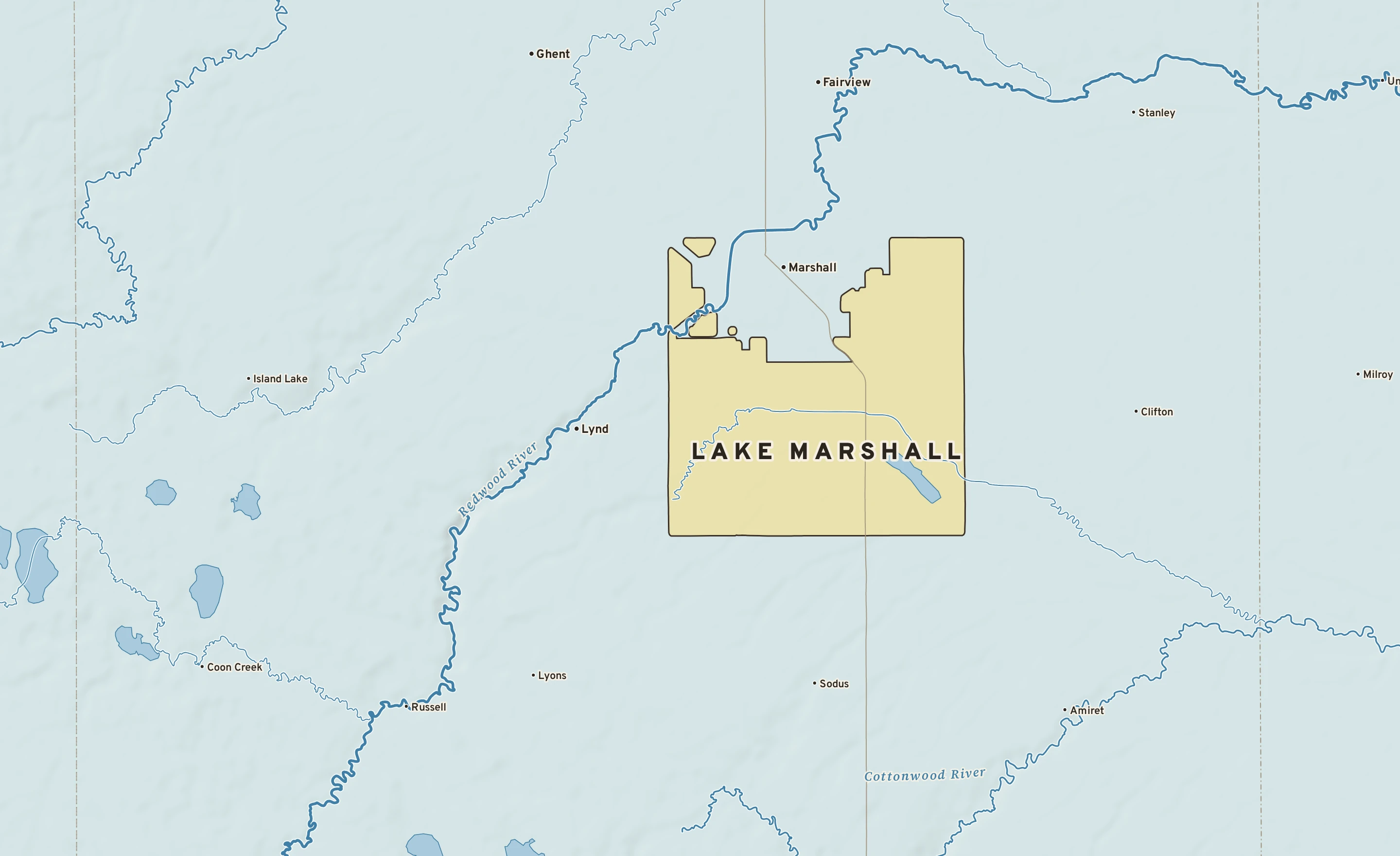 Shaded-relief atlas plate of Lake Marshall, Minnesota: rivers, roads, the city limits and where the water drains.