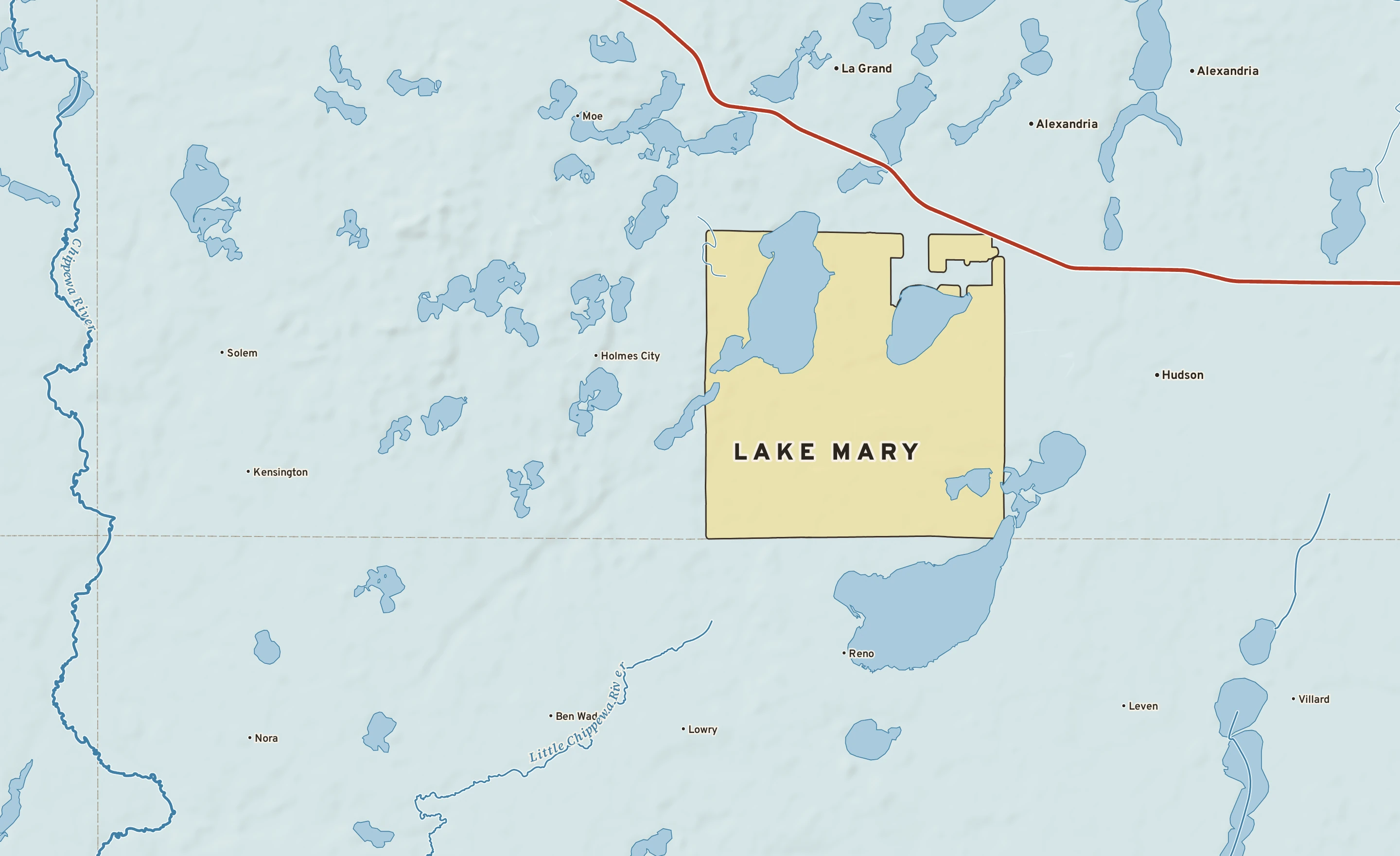 Shaded-relief atlas plate of Lake Mary, Minnesota: rivers, roads, the city limits and where the water drains.