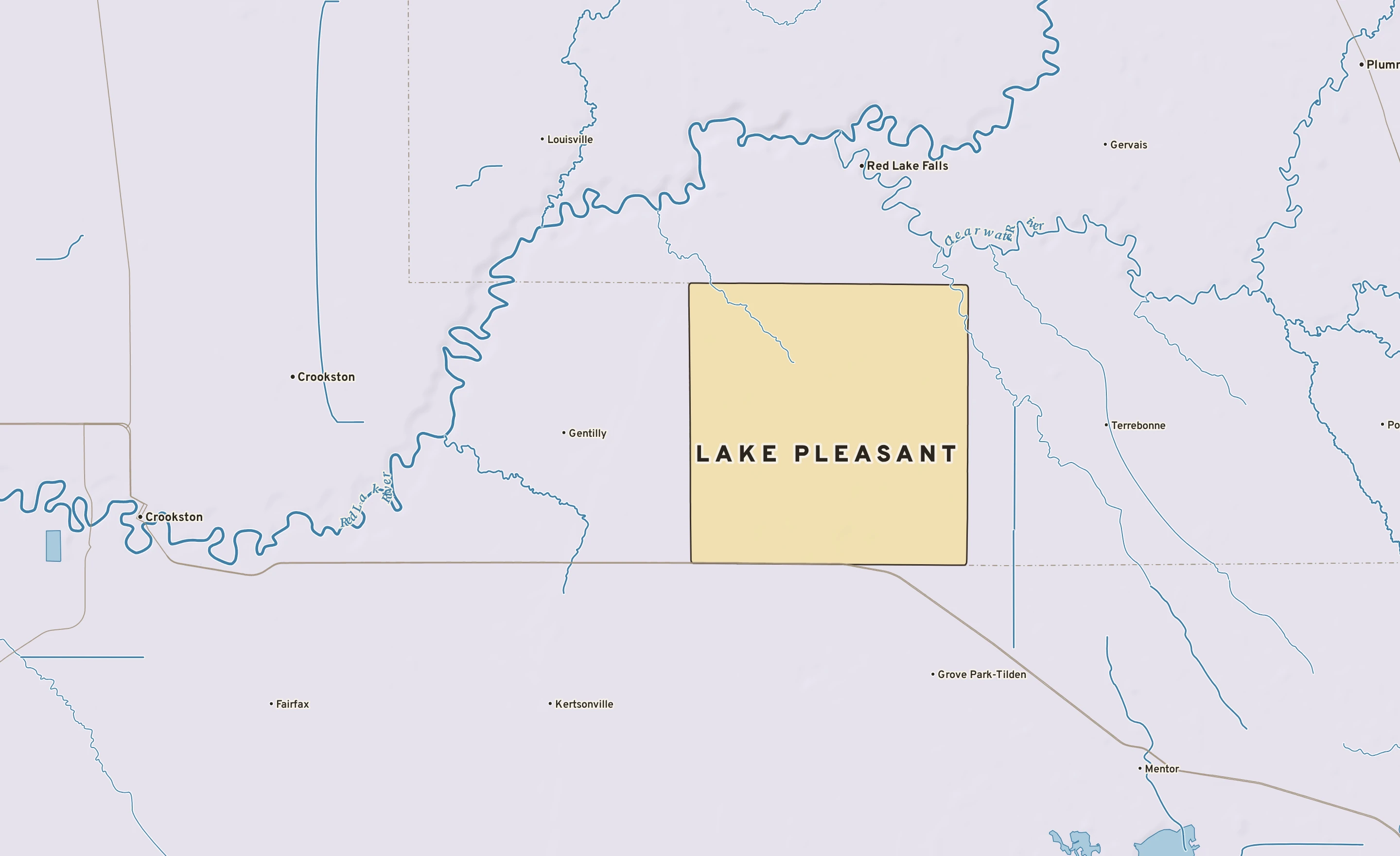 Shaded-relief atlas plate of Lake Pleasant, Minnesota: rivers, roads, the city limits and where the water drains.