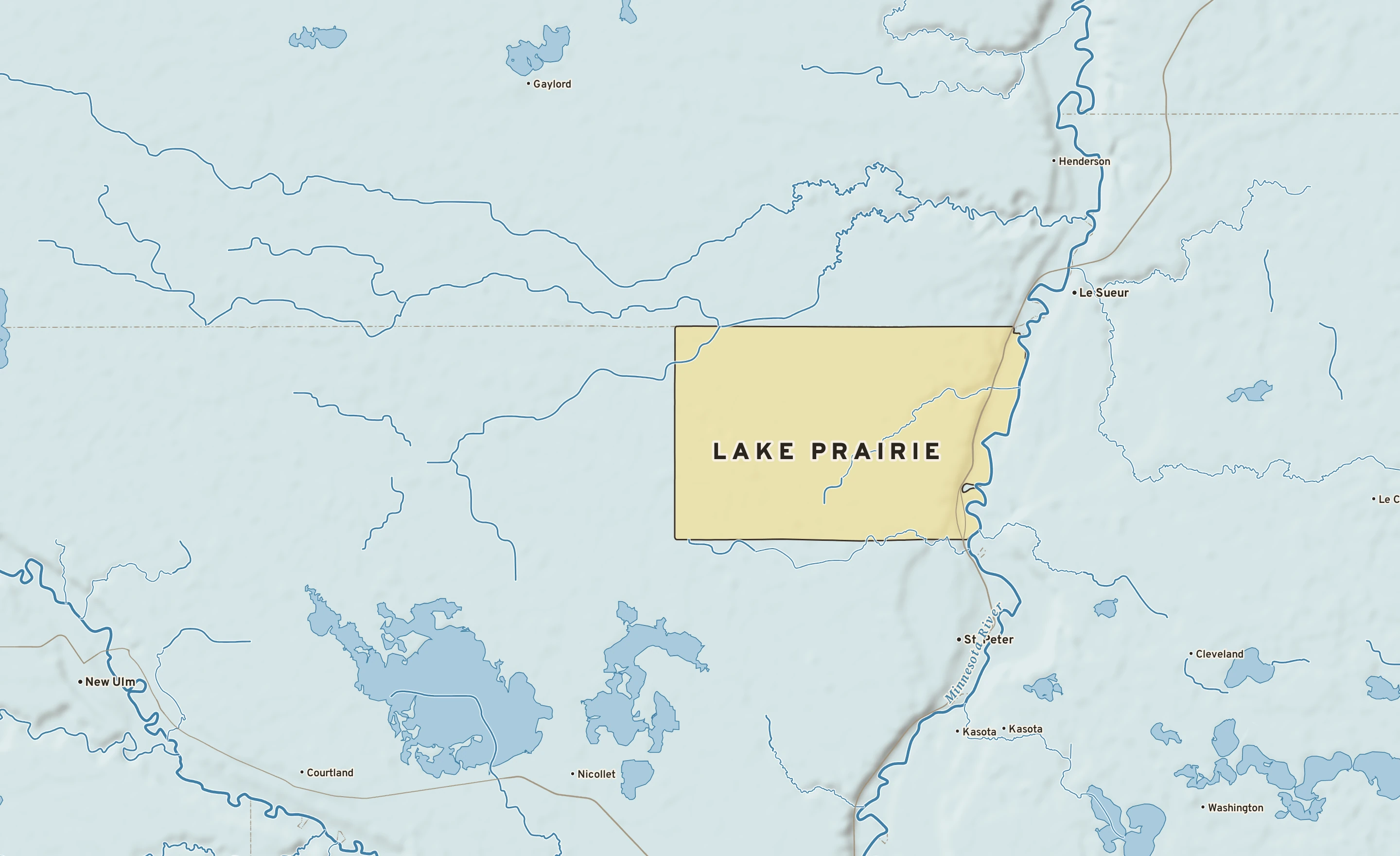 Shaded-relief atlas plate of Lake Prairie, Minnesota: rivers, roads, the city limits and where the water drains.
